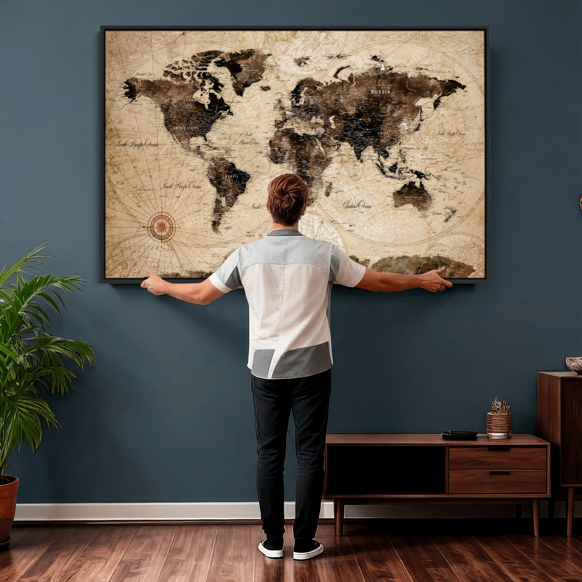 47657418-MGV-CV-36X24 - World Map Wall Art Canvas Print, Modern Decorative Framed Map Artwork Prints for Living Room, Office, Bedroom Wall Decor