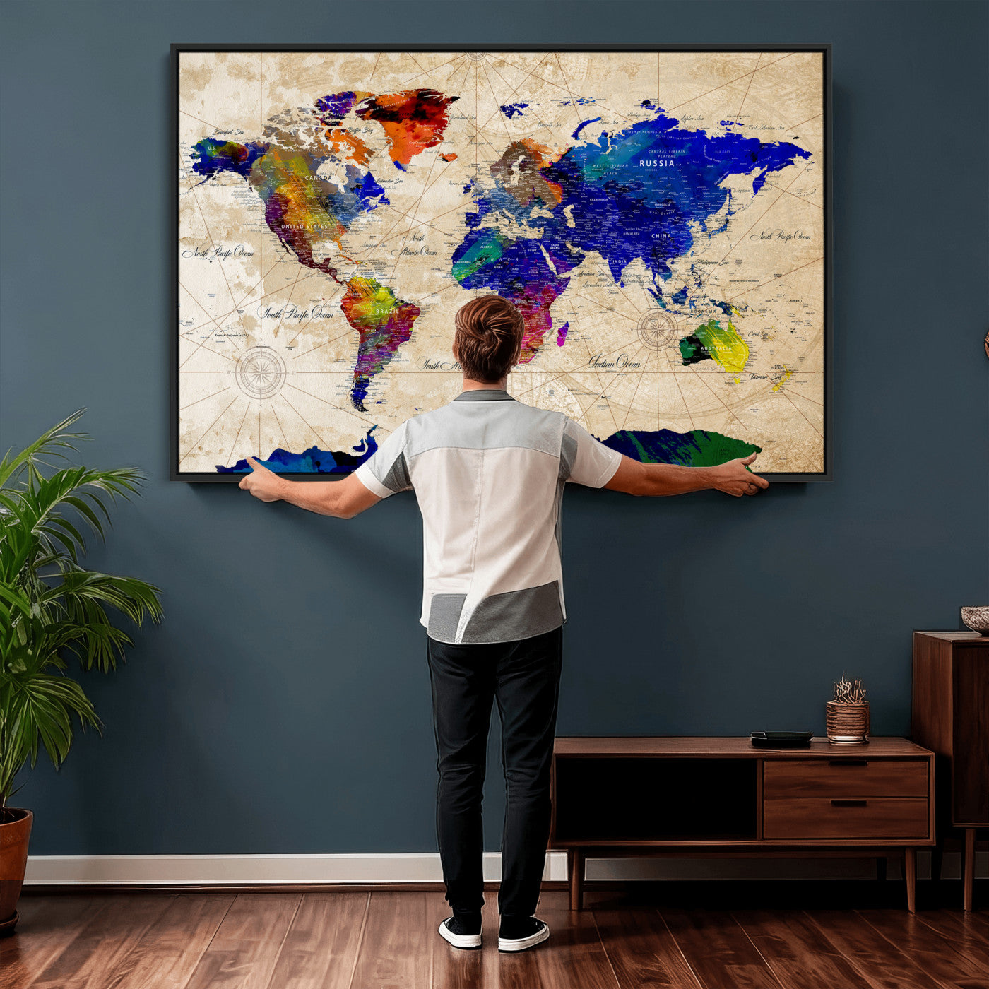 26284075-MGV-CV-36X24 - World Map Wall Art Canvas Print, Modern Decorative Framed Map Artwork Prints for Living Room, Office, Bedroom Wall Decor