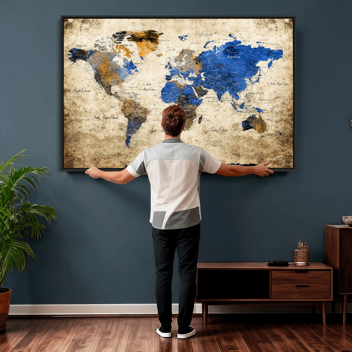 27314341-MGV-CV-36X24 - World Map Wall Art Canvas Print, Modern Decorative Framed Map Artwork Prints for Living Room, Office, Bedroom Wall Decor
