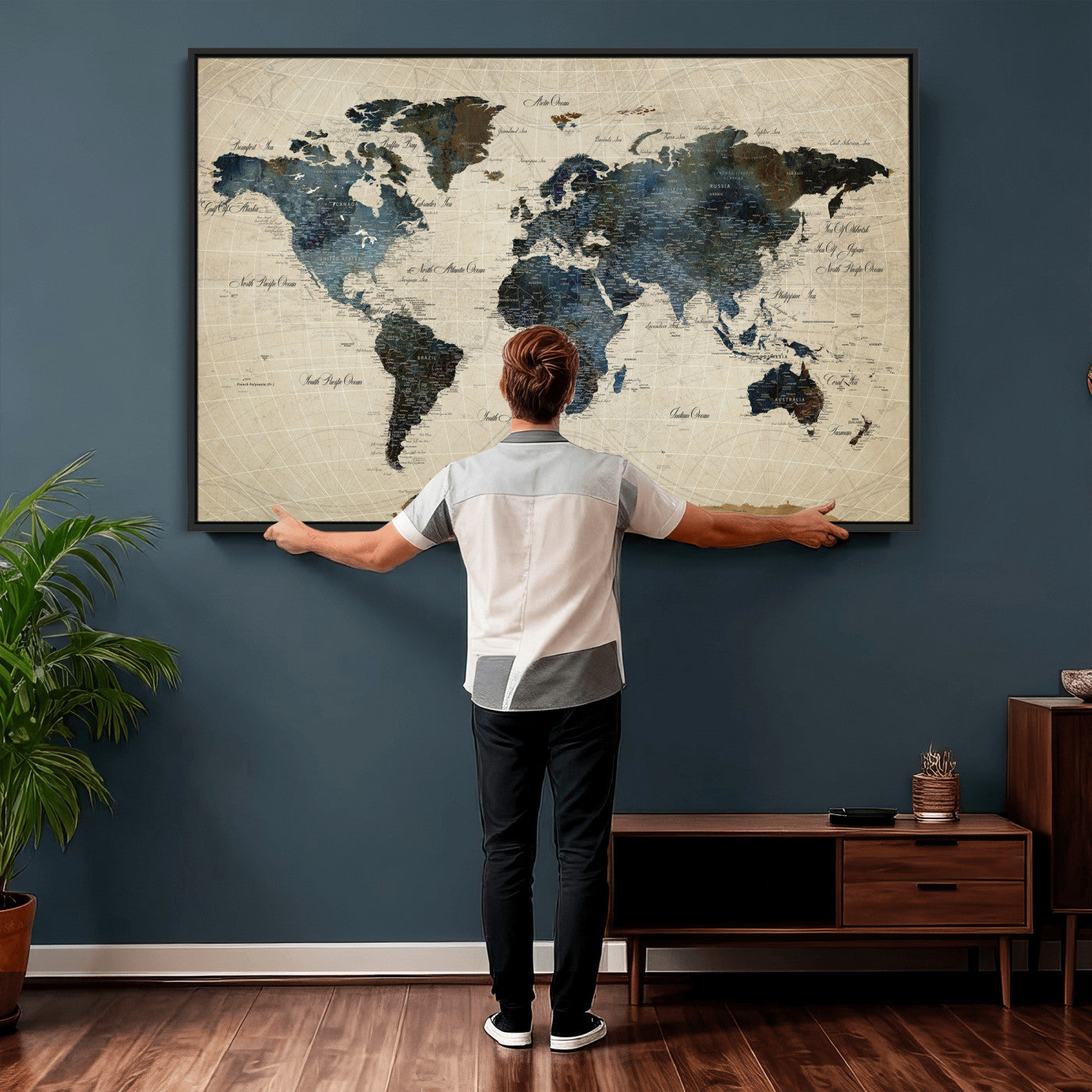 72927803-MGV-CV-36X24 - World Map Wall Art Canvas Print, Modern Decorative Framed Map Artwork Prints for Living Room, Office, Bedroom Wall Decor
