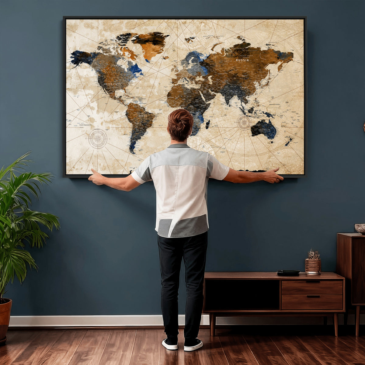 15727090-MGV-CV-36X24 - World Map Wall Art Canvas Print, Modern Decorative Framed Map Artwork Prints for Living Room, Office, Bedroom Wall Decor