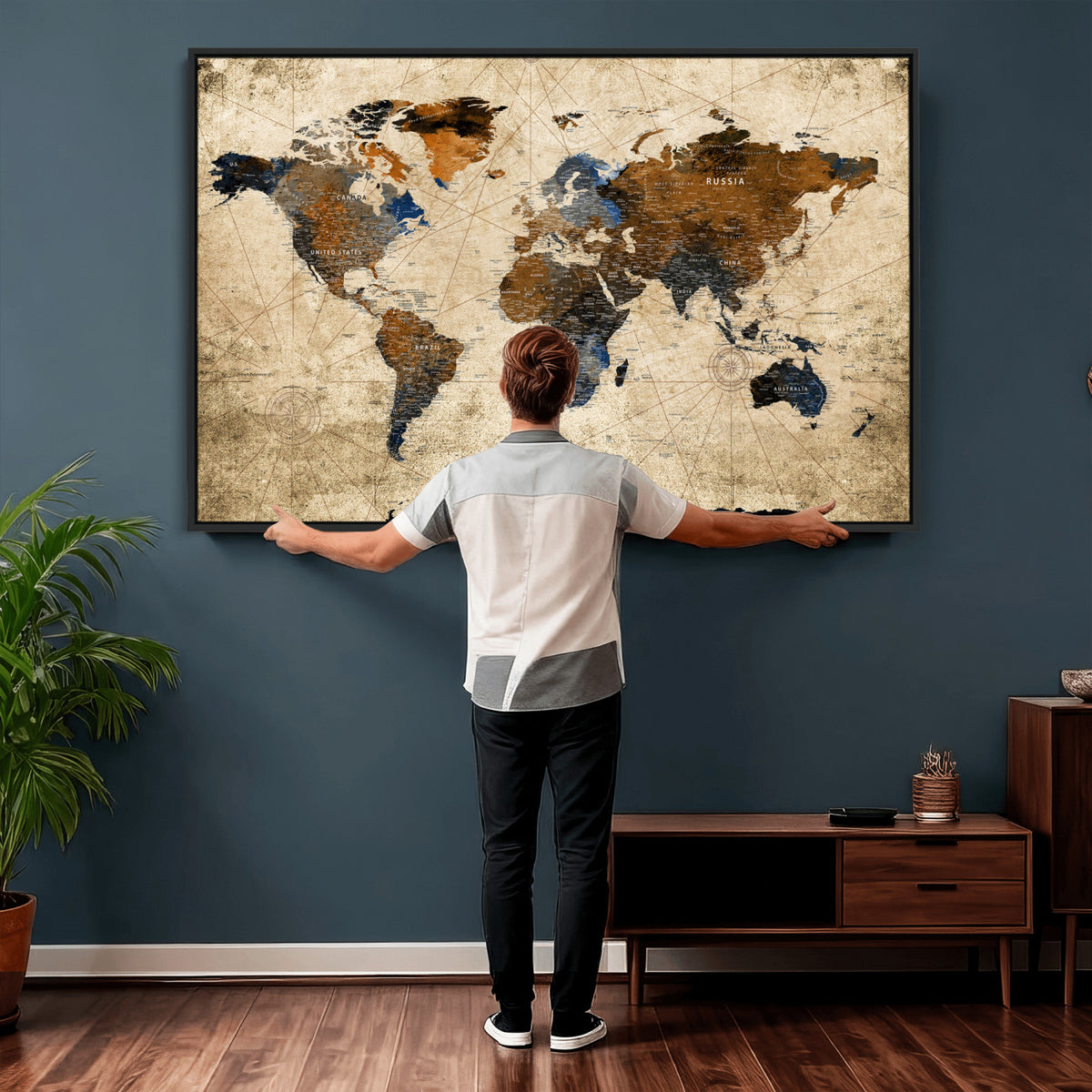 27163414-MGV-CV-36X24 - World Map Wall Art – Rustic Earth Tone Canvas Print, Antique