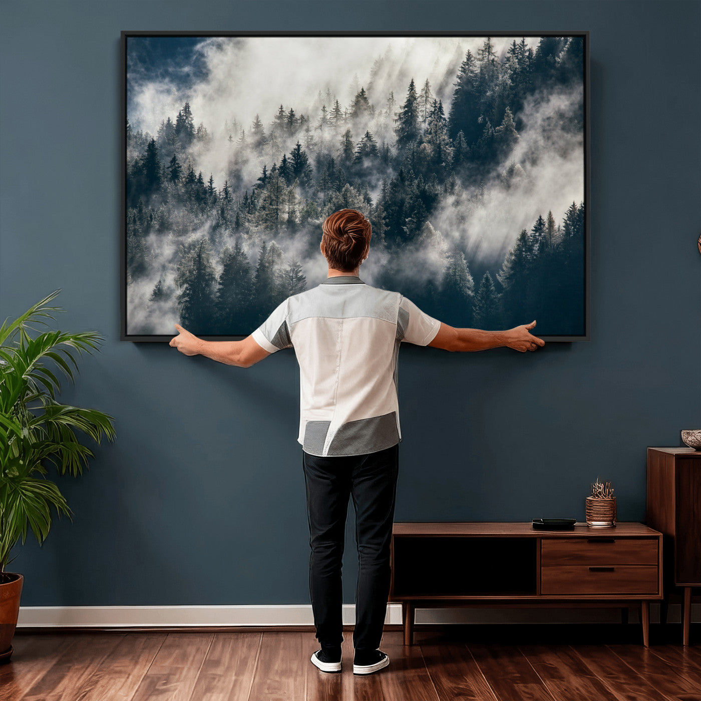 63405824-MGV-CV-36X24 - Foggy Mountain Forest Canvas Print, Misty Pine Trees Nature Wall Art, Framed Canvas Ready to Hang