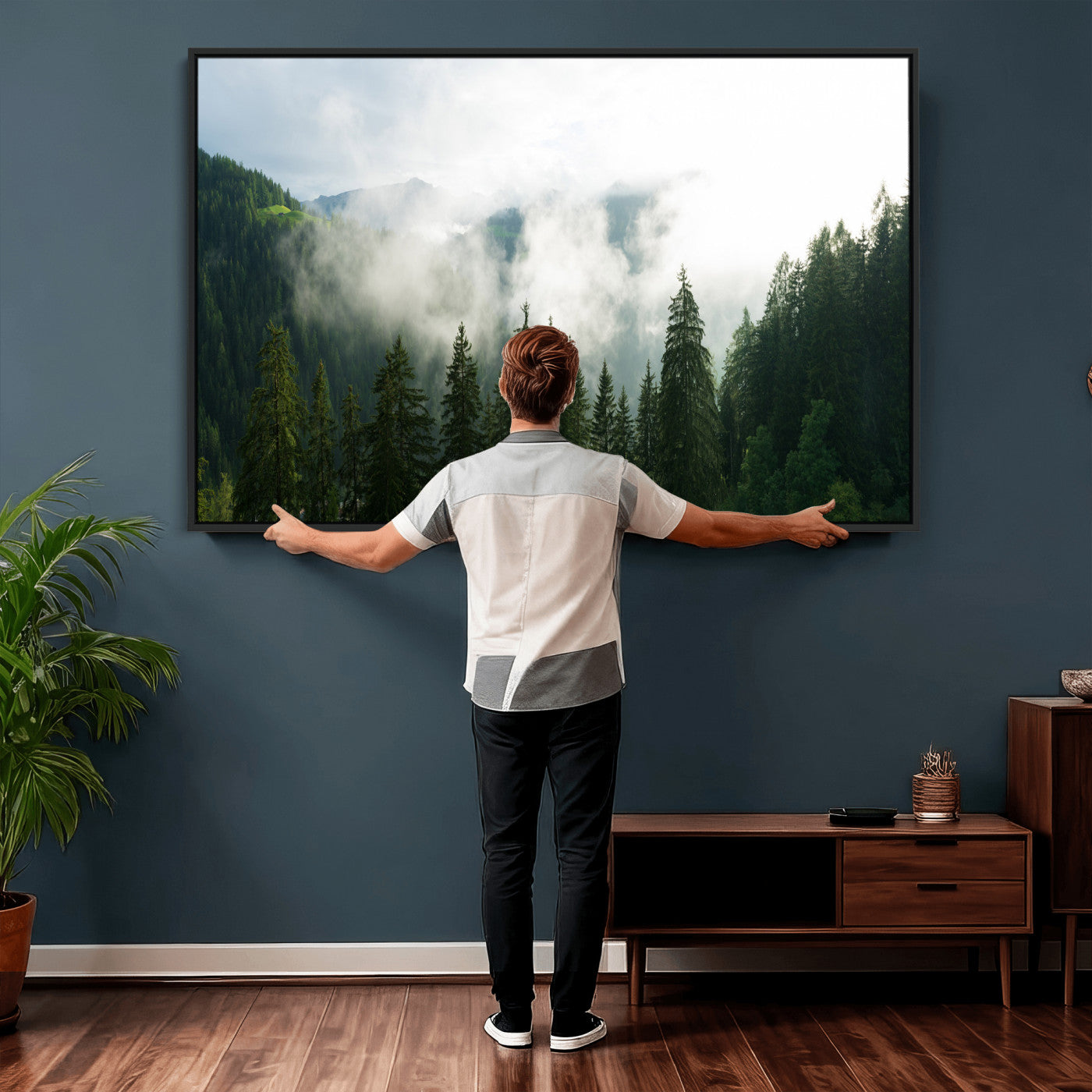 67174129-MGV-CV-36X24 - Misty Mountain Forest Canvas Print, Foggy Pine Trees Nature Wall Art, Framed Canvas Ready to Hang