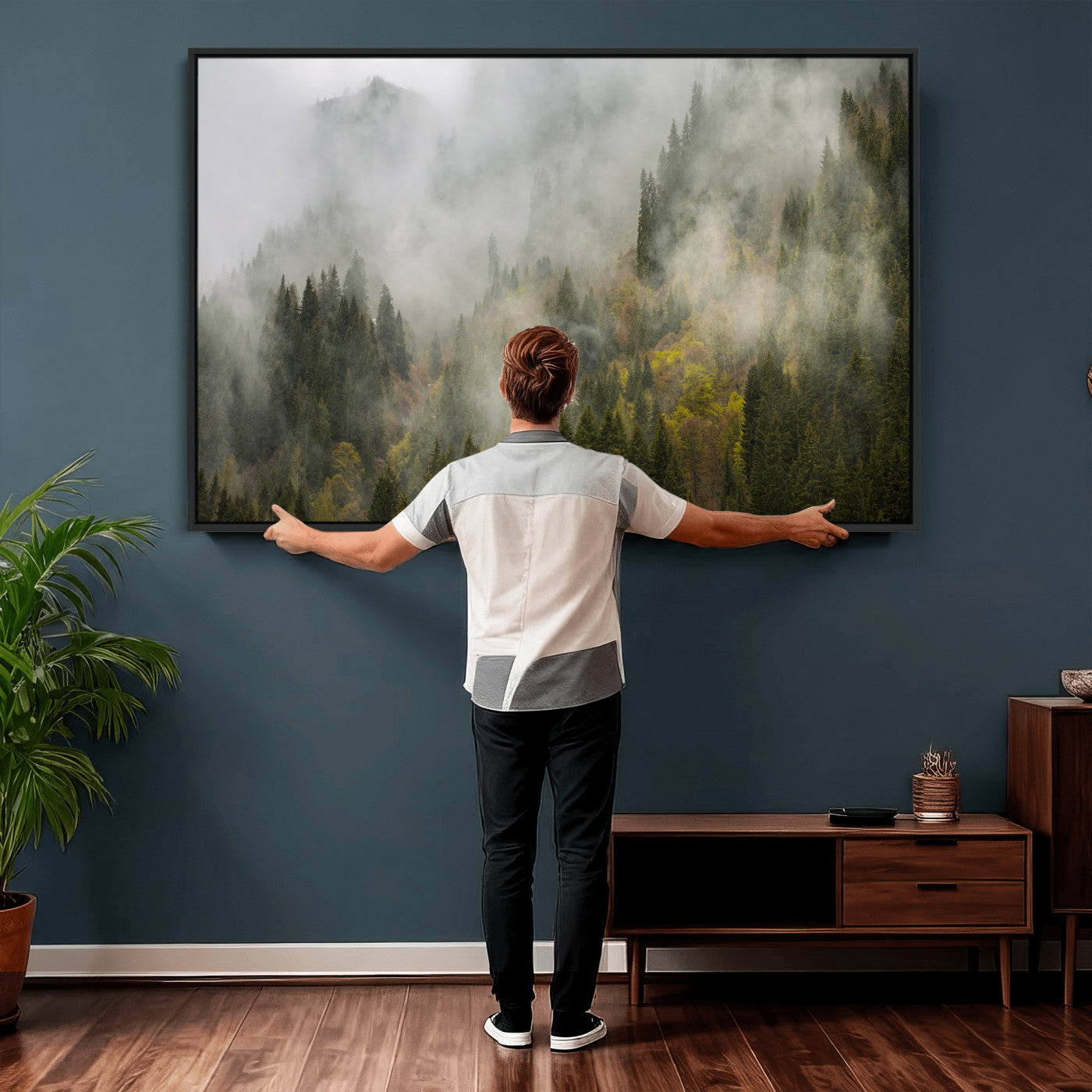 31152954-MGV-CV-36X24 - Misty Mountain Forest Canvas Print, Foggy Pine Trees Nature Wall Art, Framed Canvas Ready to Hang