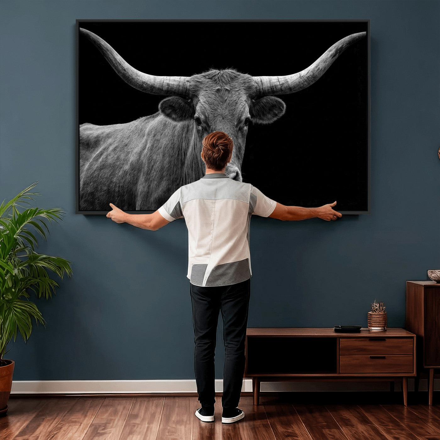 32601430-MGV-CV-36X24 - Texas Longhorn Bull Wall Art Canvas Print, Cow Portrait Photography, Framed Wall Art Ready to Hang