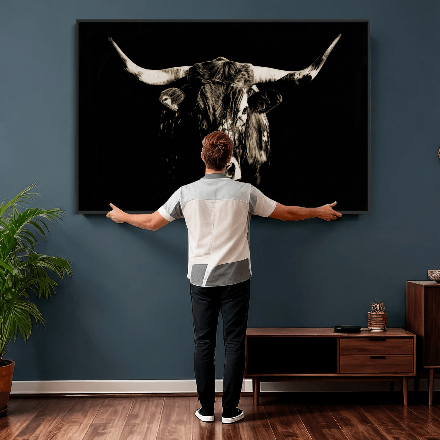 75774468-MGV-CV-36X24 - Black Bull Wall Art Canvas Print, Dark Longhorn Portrait Photography, Framed Wall Art Ready to Hang