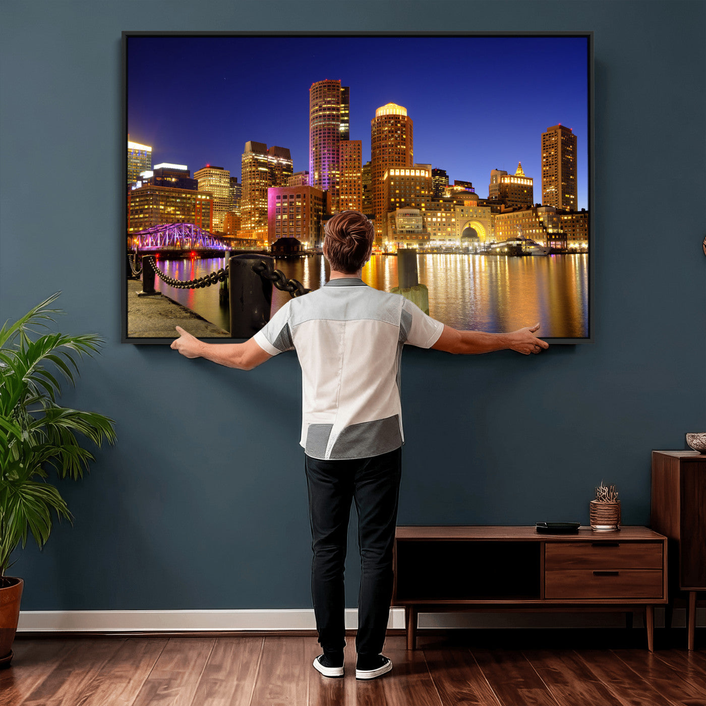 56611117-MGV-CV-36X24 - Boston Wall Art Canvas Print, Boston City Downtown Night Cityscape Print for Modern Urban Wall Decor