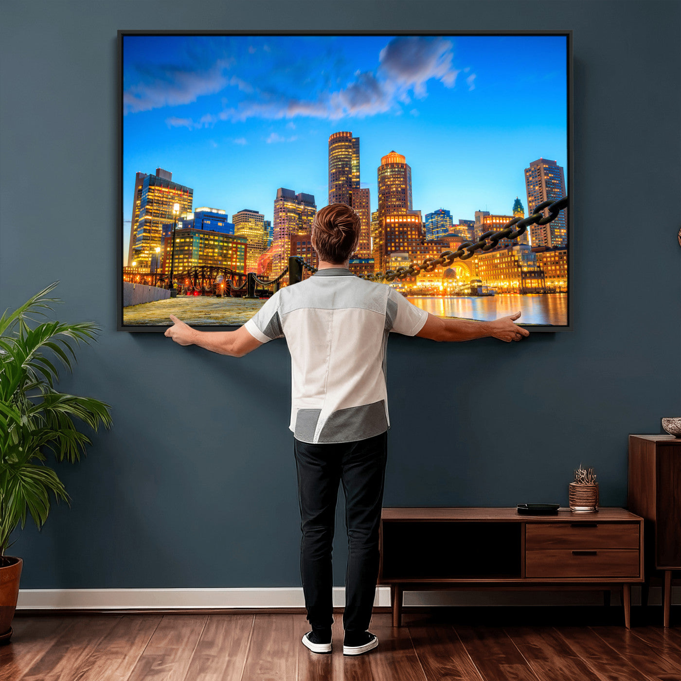 46736409-MGV-CV-36X24 - Boston Wall Art Canvas Print, Boston City Downtown Night Cityscape Print for Modern Urban Wall Decor