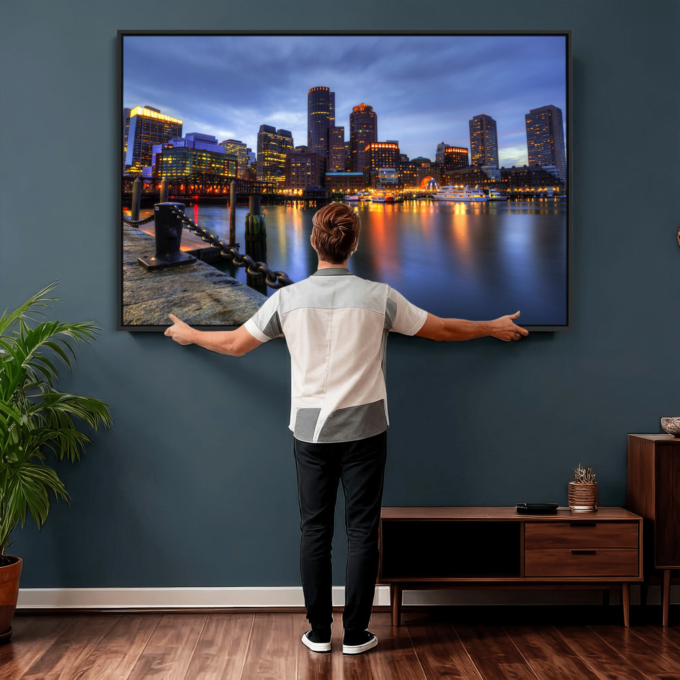 82439622-MGV-CV-36X24 - Boston Wall Art Canvas Print, Boston City Downtown Night Cityscape Print for Modern Urban Wall Decor