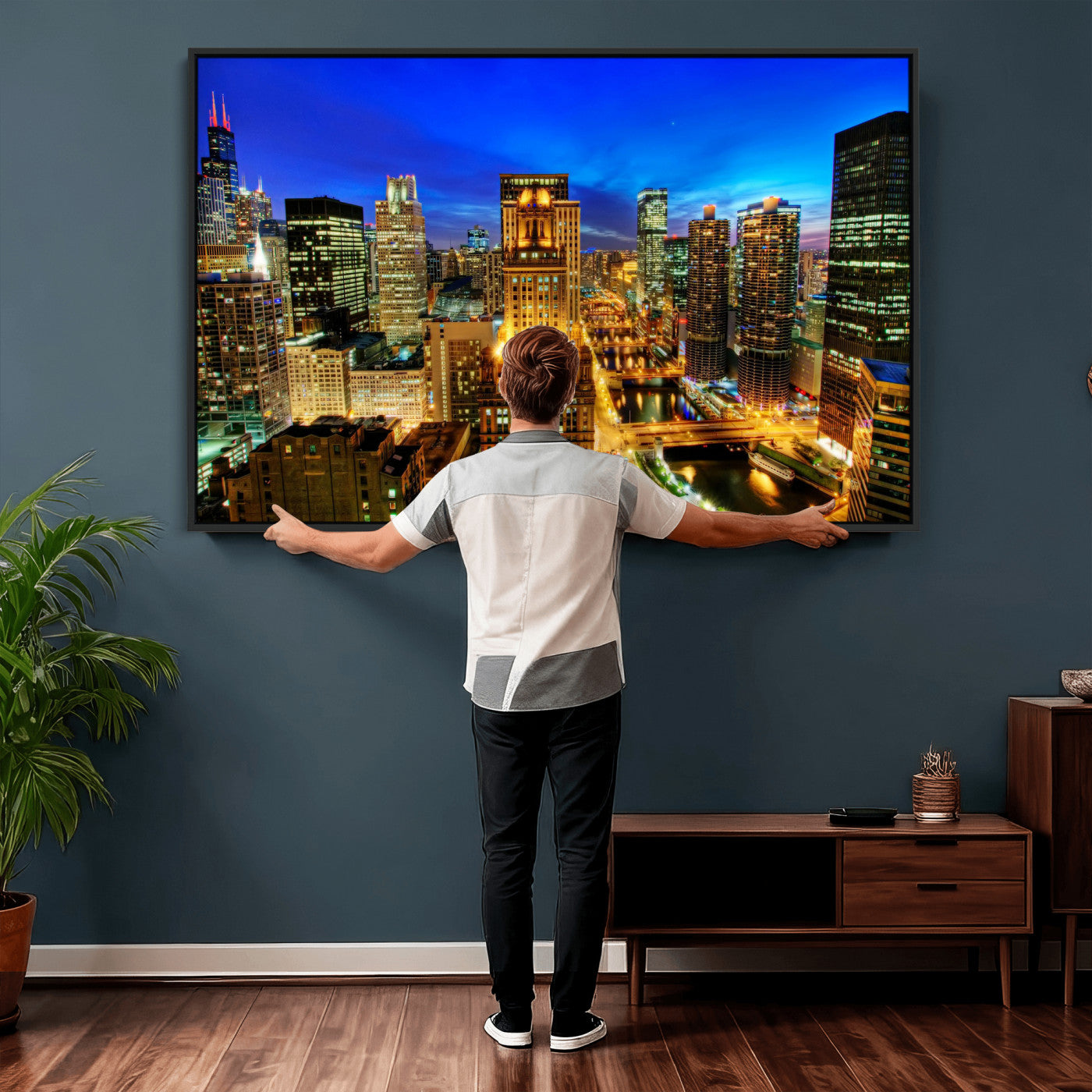 46298885-MGV-CV-36X24 - Chicago Wall Art Canvas Print, Chicago City Downtown Night Cityscape Print for Modern Urban Wall Decor