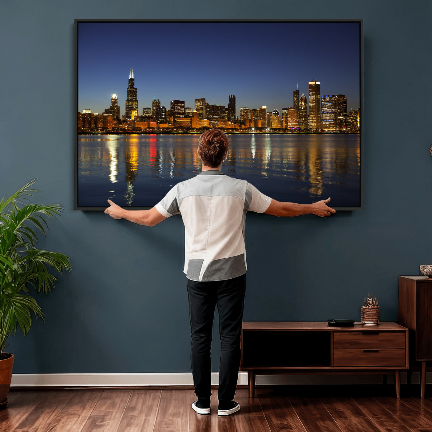 67308035-MGV-CV-36X24 - Chicago Wall Art Canvas Print, Chicago City Downtown Night Cityscape Print for Modern Urban Wall Decor