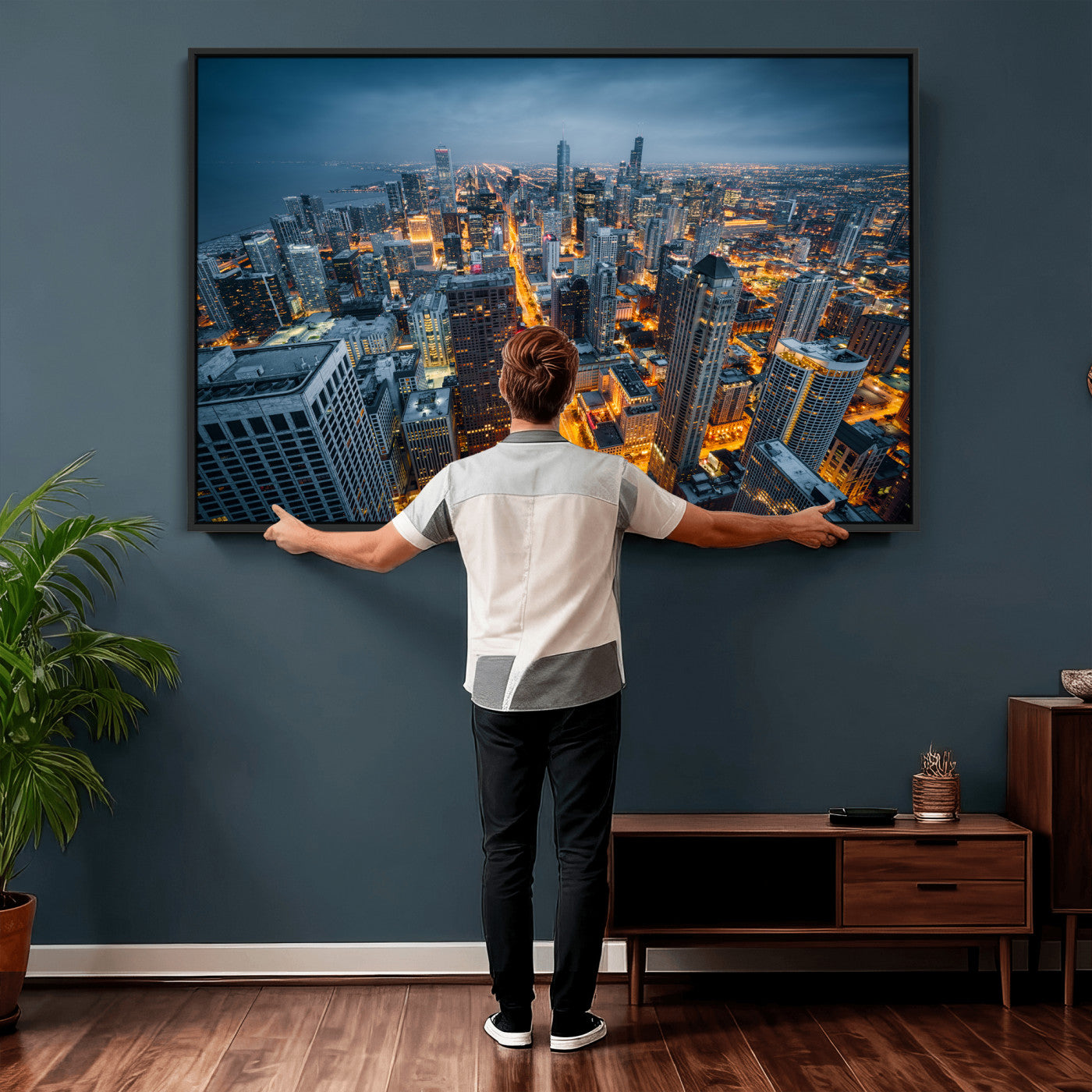 81742538-MGV-CV-36X24 - Chicago Wall Art Canvas Print, Chicago City Downtown Night Cityscape Print for Modern Urban Wall Decor