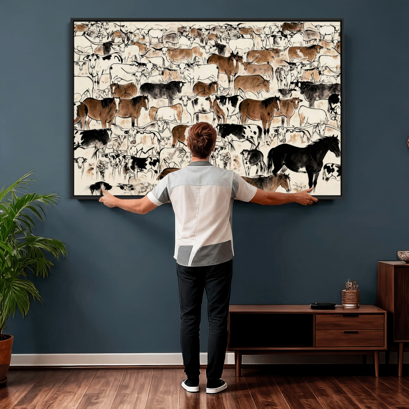 86150485-MGV-CV-36X24 - Farmhouse Animals Wall Art Canvas Print - Abstract Farm Animal Drawing Mid-Century Wall Art for Cabin Decor