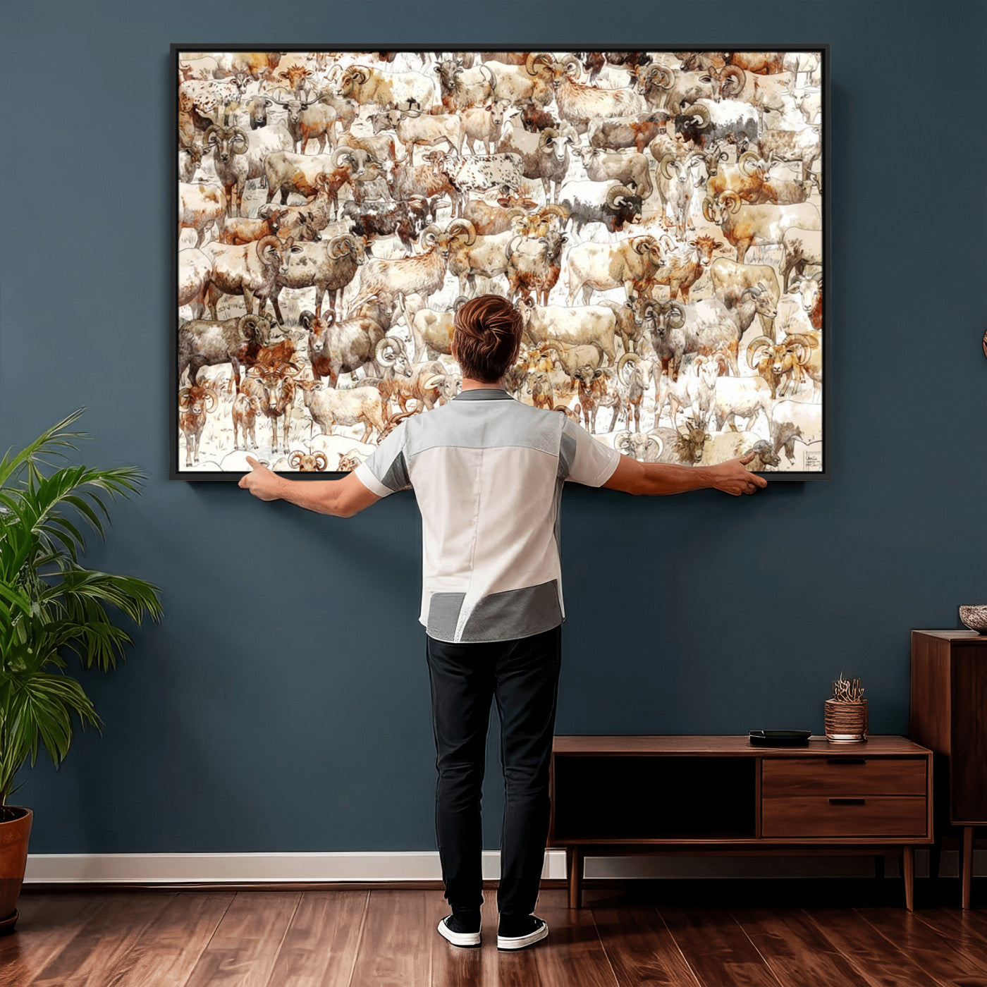 95103864-MGV-CV-36X24 - Farmhouse Animals Wall Art Canvas Print - Abstract Farm Animal Drawing Mid-Century Wall Art for Cabin Decor