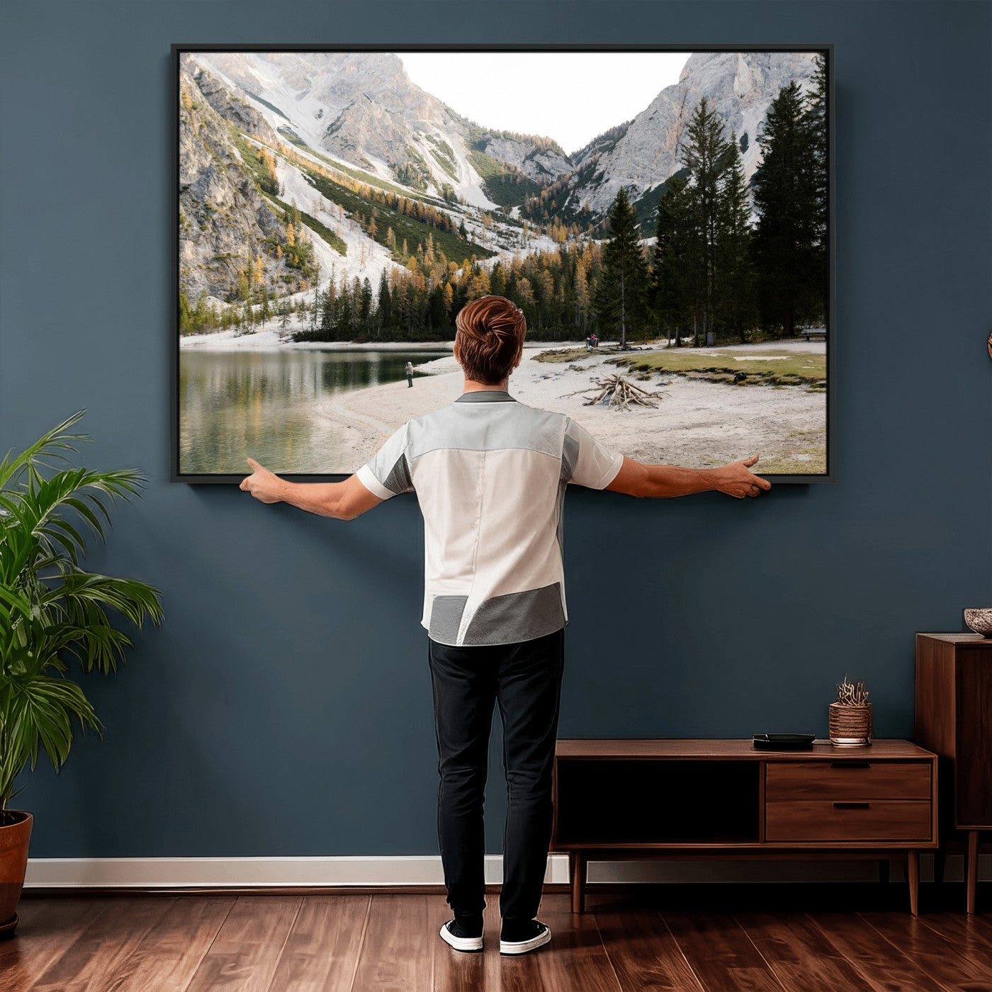 89246758-MGV-CV-36X24 - Lake Braies Alpine Landscape Wall Art Canvas Print, Dolomites Mountain Lake Forest Canvas Print, Italian Alps Scenic Nature Art Printing