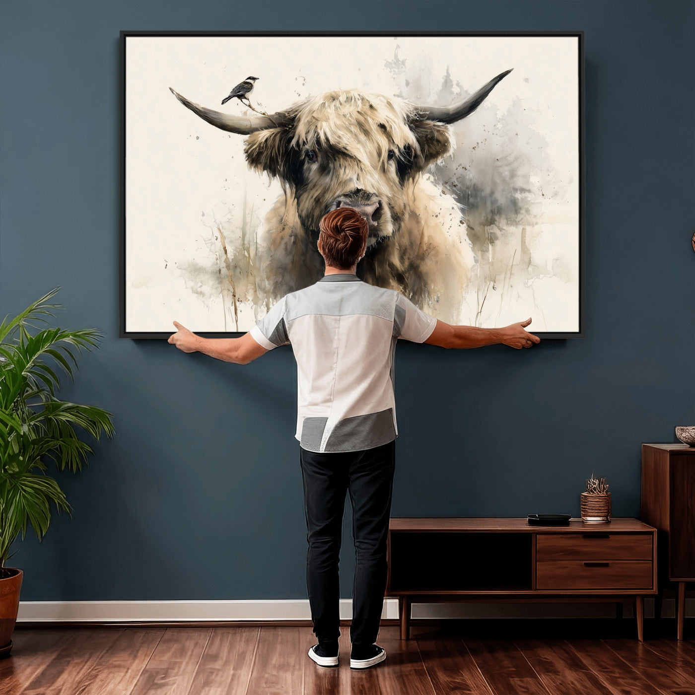 98249290-MGV-CV-36X24 - Abstract Highland Cow Watercolor Animal Wall Art Canvas Print, Rustic Farm Cattle Portrait Canvas Print, Neutral Wildlife Farmhouse Art Printing