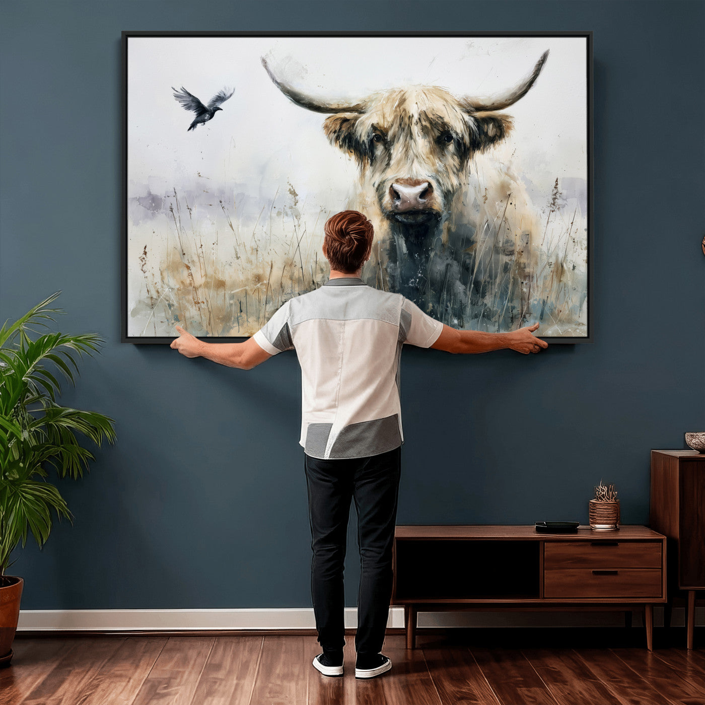 55652651-MGV-CV-36X24 - Abstract Highland Cow Watercolor Animal Wall Art Canvas Print, Rustic Farm Cattle Portrait Canvas Print, Neutral Wildlife Farmhouse Art Printing