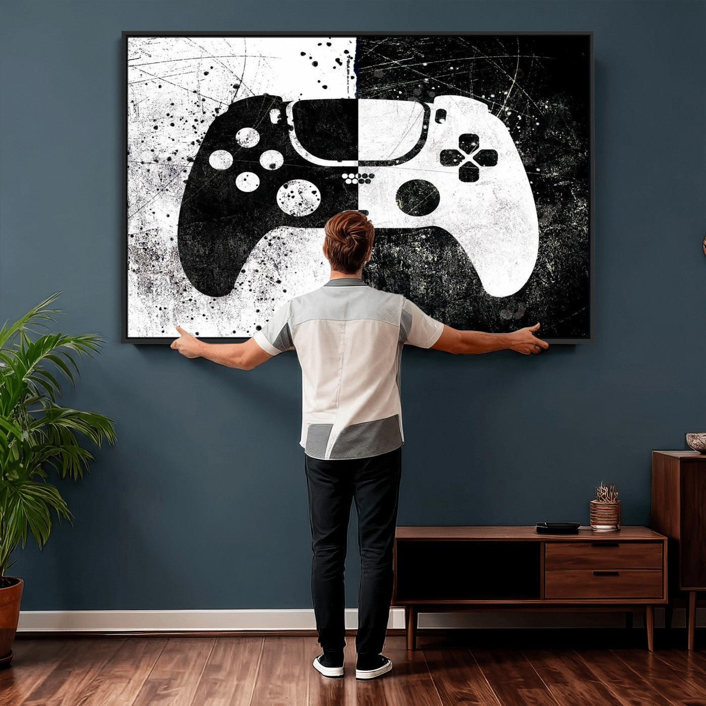 17525128-MGV-CV-36X24 - Abstract Gaming Controller Wall Art Canvas Print, Black White Video Game Controller Modern Canvas Print, Minimal Gamer Graphic Art Printing