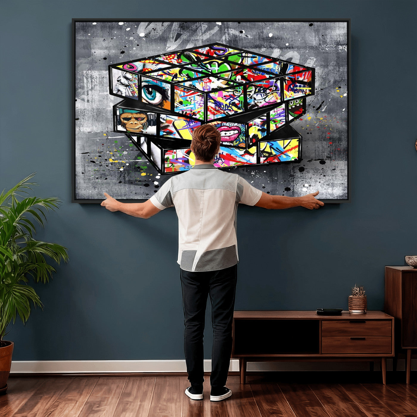 46789556-MGV-CV-36X24 - Graffiti Cube Abstract Street Art Wall Art Canvas Print, Colorful Urban Pop Art Geometric Canvas Print, Modern Street Art Contemporary Art Printing