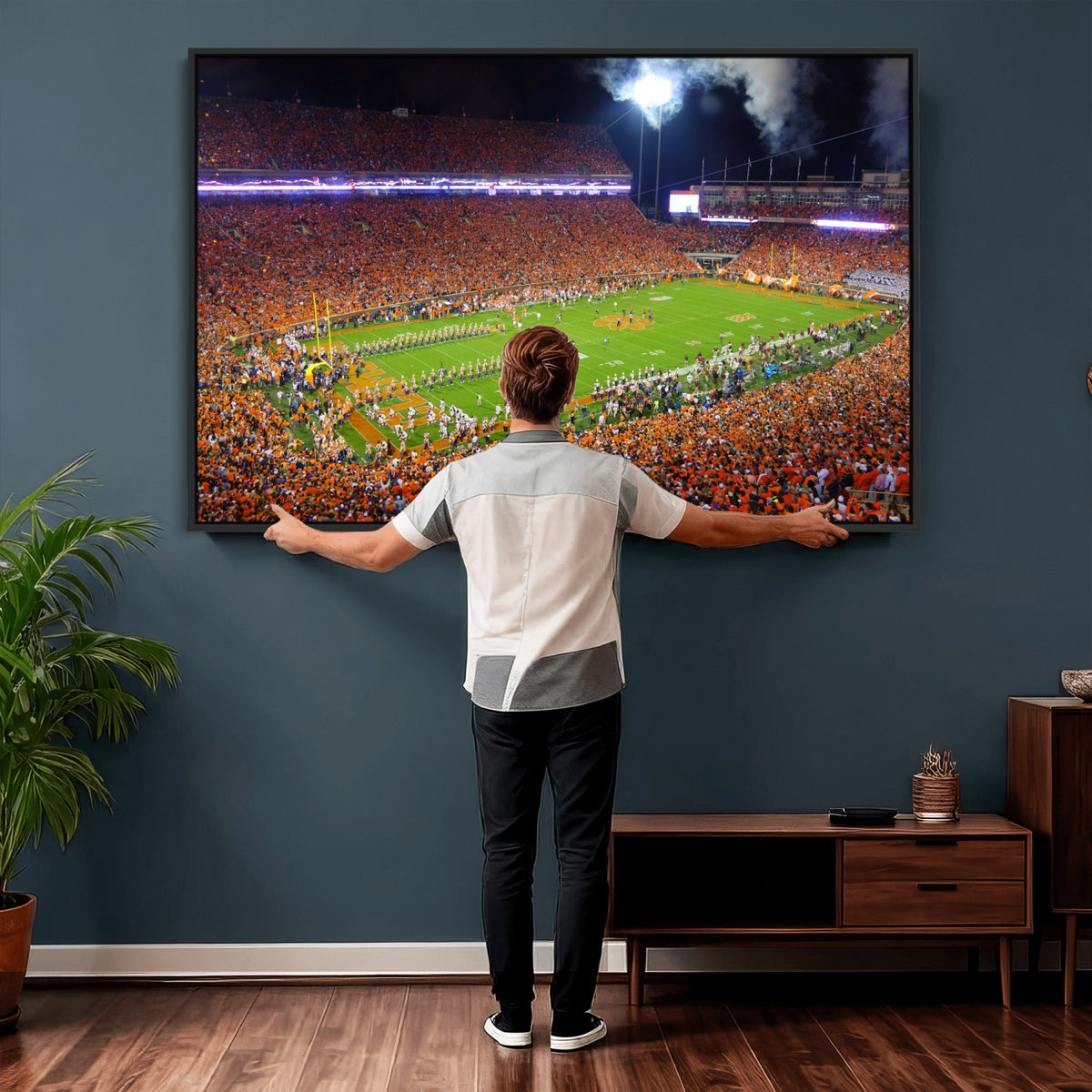 43662631-MGV-CV-36X24 - Clemson Football Stadium Wall Art Canvas Print, College Football Crowd Night Game Scene, Orange Stadium Panorama Wall Decor