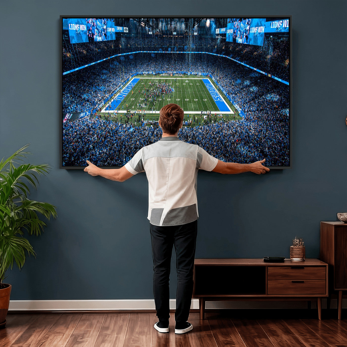 80882005-MGV-CV-36X24 - Detroit Lions Stadium Wall Art Canvas Print, Football Field Panorama Artwork, NFL Game Night Stadium Decor