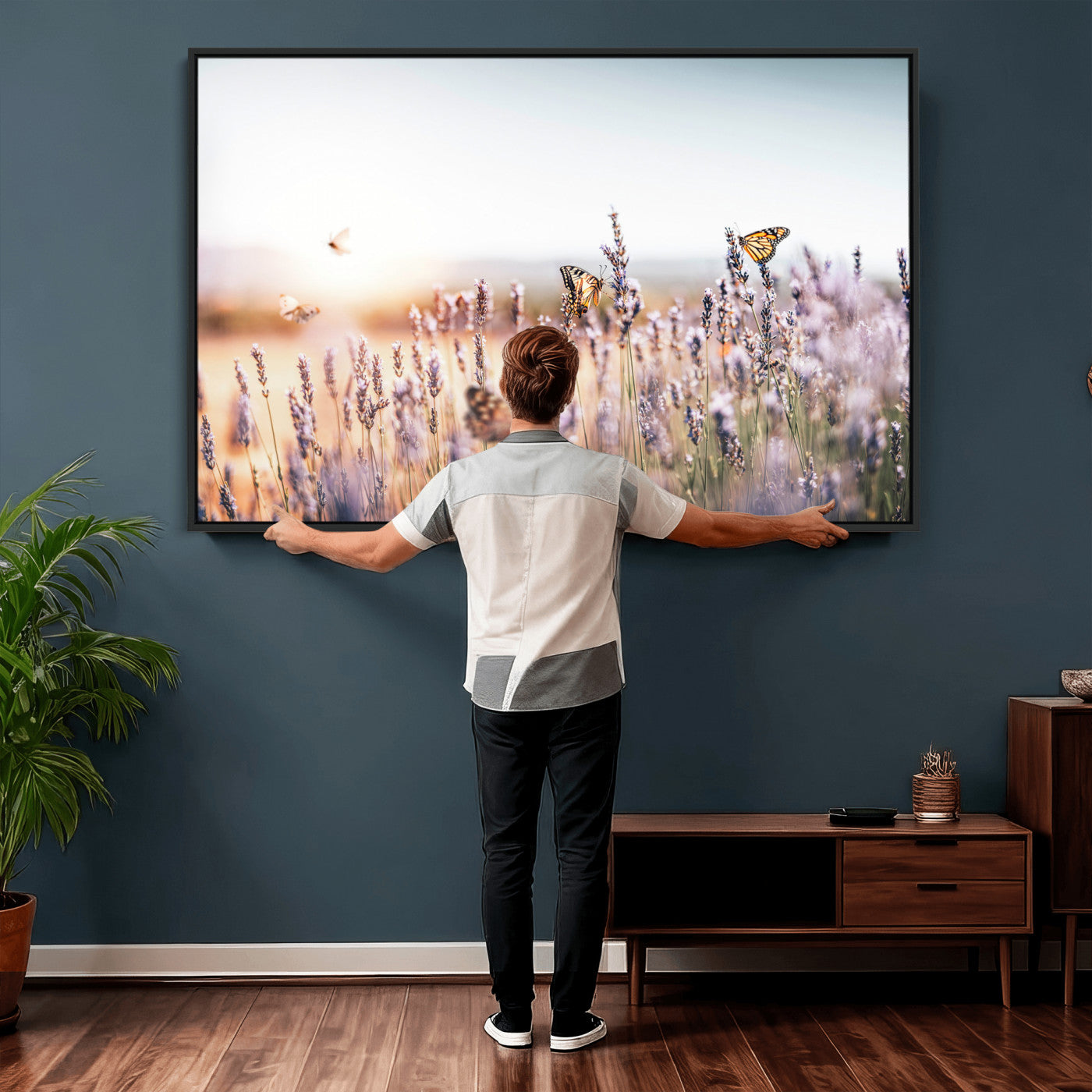 46417478-MGV-CV-36X24 - Lavender Field Wall Art Canvas Print, Butterfly Floral Landscape Art, Soft Nature Wall Decor for Bedroom