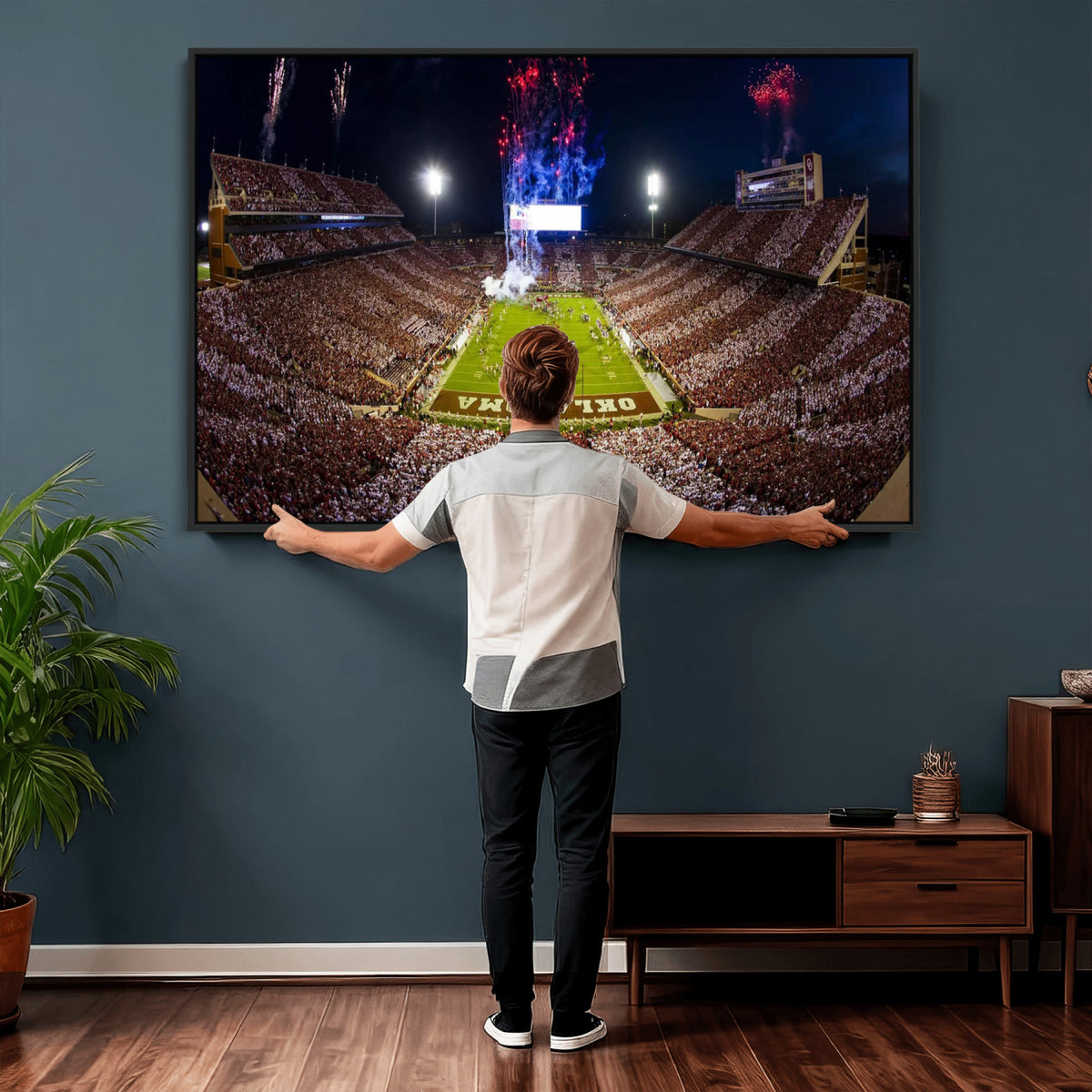 43197777-MGV-CV-36X24 - Oklahoma Memorial Stadium Wall Art Canvas Print – Oklahoma Sooners Football Artwork for Home, Office, and Sports Room Decor