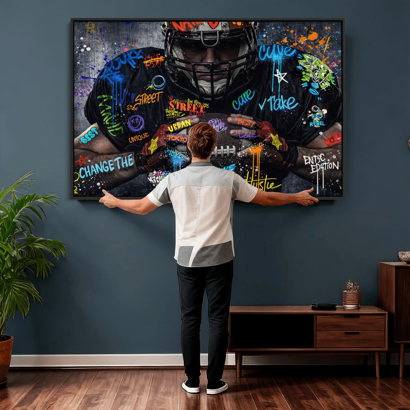 55267256-MGV-CV-36X24 - Graffiti American Football Player Street Art Wall Art Canvas Print, Urban Sports Pop Art Football Canvas Print, Modern Athletic Graffiti Contemporary Art Printing