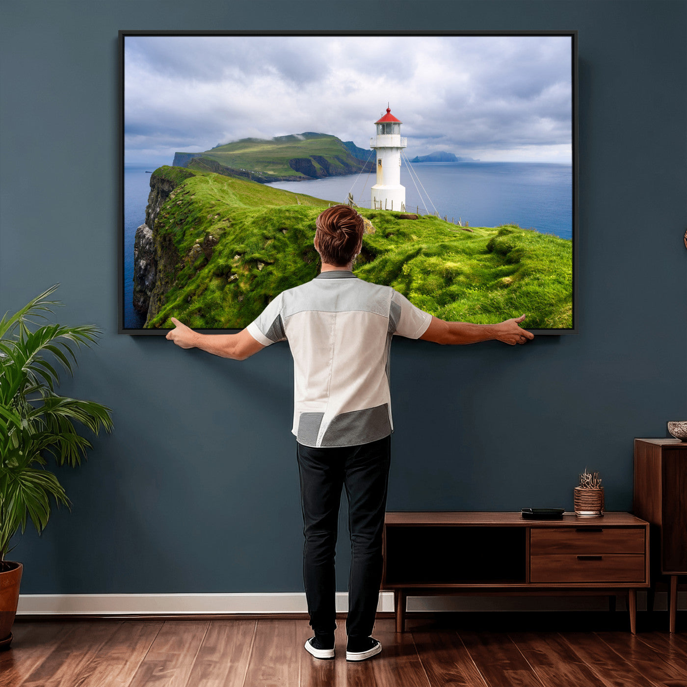 10680390-MGV-CV-36X24 - Coastal Lighthouse Wall Art Canvas Print, Cliffside Ocean Landscape Canvas Print, Scandinavian Coastal Decor for Living Room