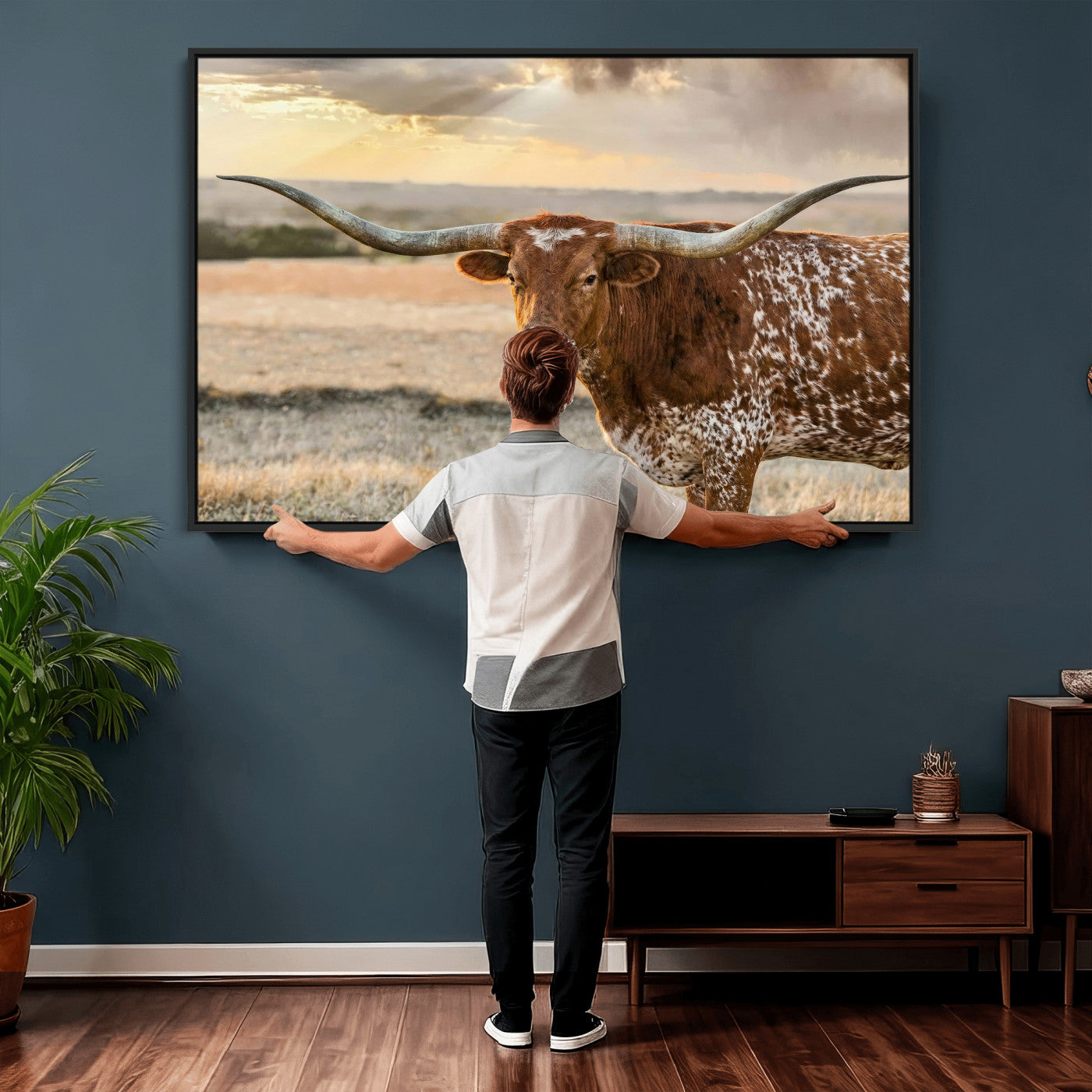 16502384-MGV-CV-36X24 - Texas Longhorn Wall Art Canvas Print, Western Ranch Bull Photography Canvas Print, Rustic Farmhouse Cattle Artwork for Living Room Decor