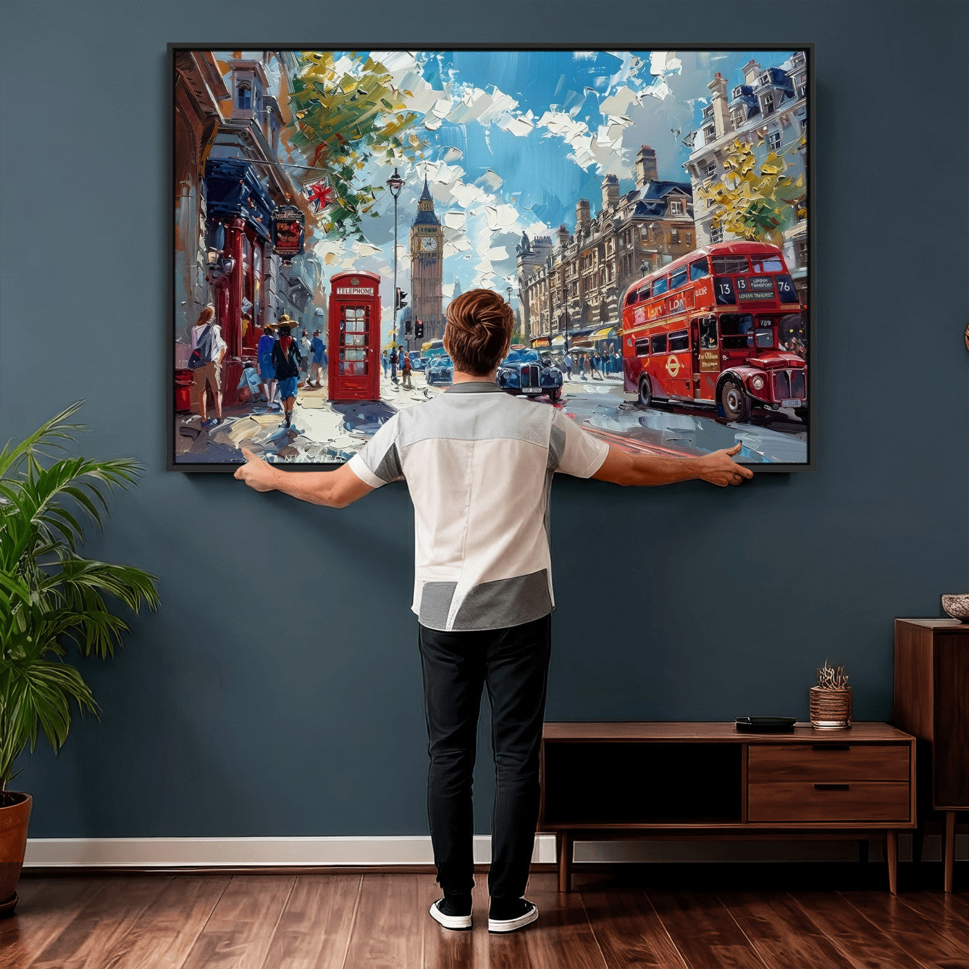 17630888-MGV-CV-36X24 - London Street Canvas Wall Art — Big Ben Red Bus Print | Oil Painting Style | UK City Wall Decor | Travel Art Gift | Living Room Print