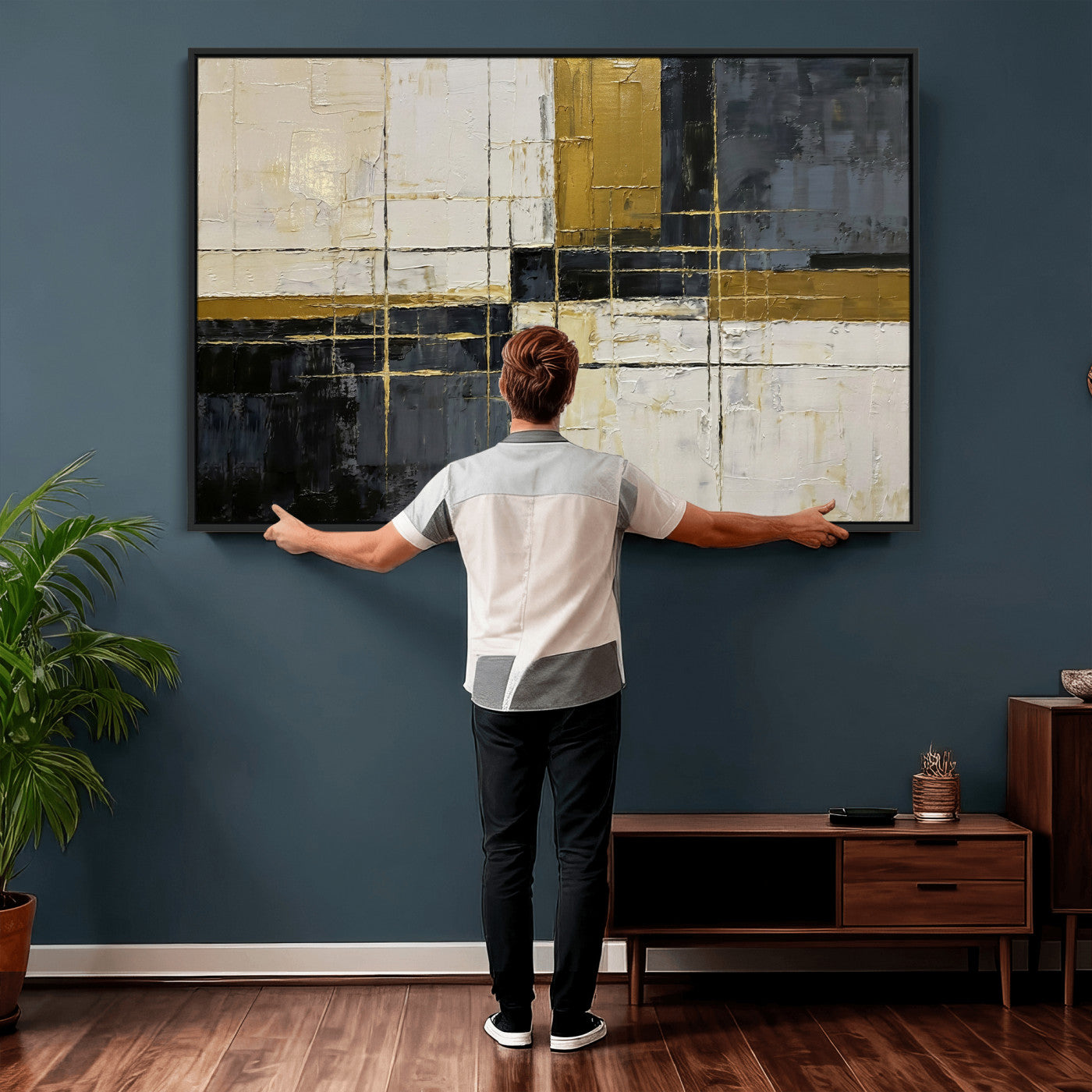 36097945-MGV-CV-36X24 - Abstract Gold and Black Wall Art Canvas Print – Modern Geometric Neutral Artwork for Living Room Decor