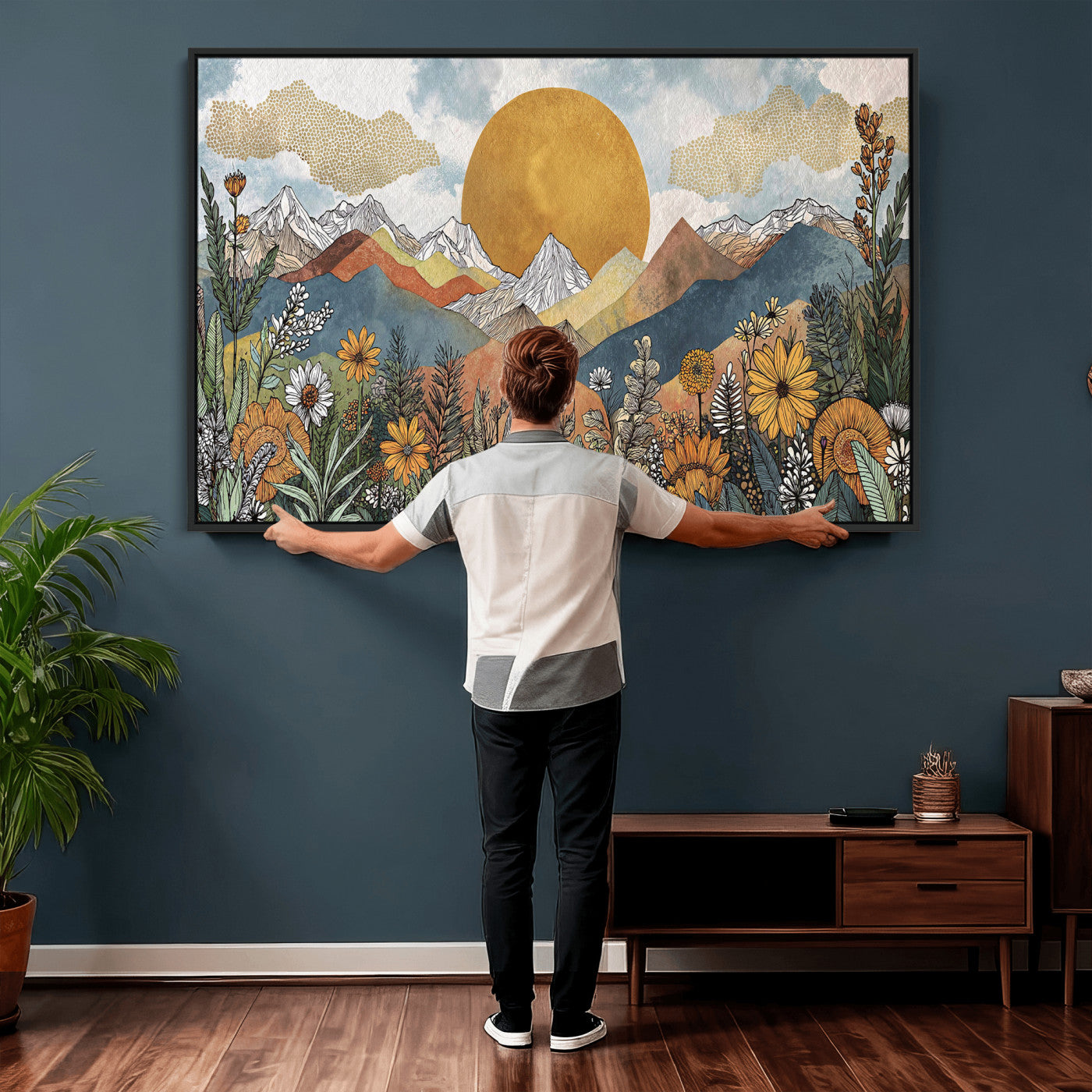 17540863-MGV-CV-36X24 - Boho Mountain Landscape Large Wall Art, Horizontal Gold Framed Canvas Print with Sun and Flowers