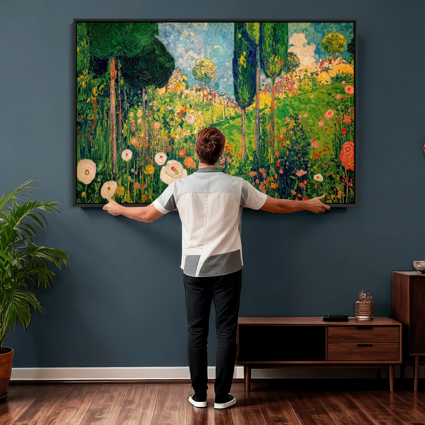 83517974-MGV-CV-36X24 - Gustav Klimt Boho Mountain Landscape Large Wall Art, Horizontal Gold Framed Canvas Print with Sun and Flowers