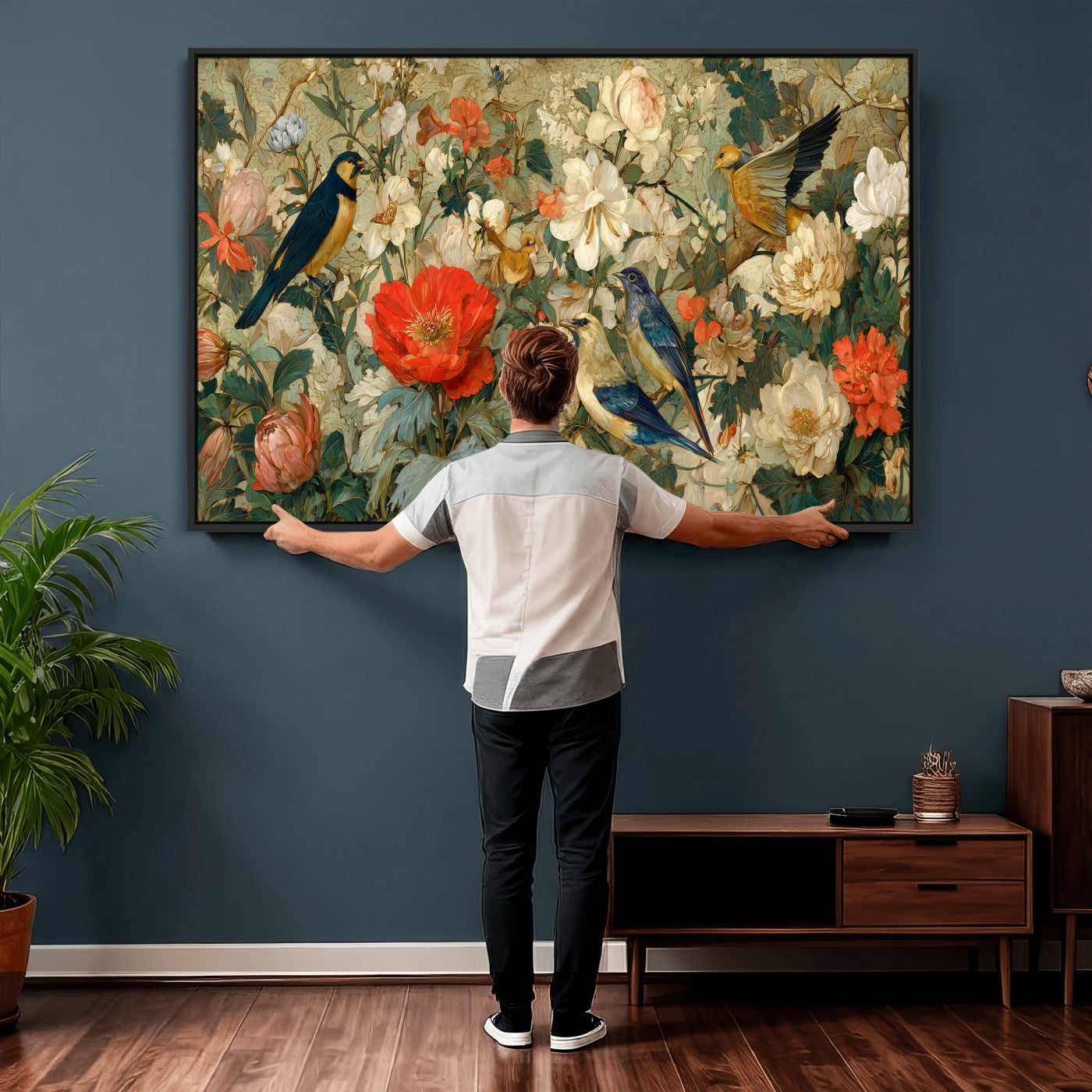 52904757-MGV-CV-36X24 - Vintage Birds and Flowers Wall Art Canvas Print, Botanical Bird Painting Canvas Print, Floral Garden Bird Artwork Canvas Print, Classic Bird Flower Painting Canvas Print