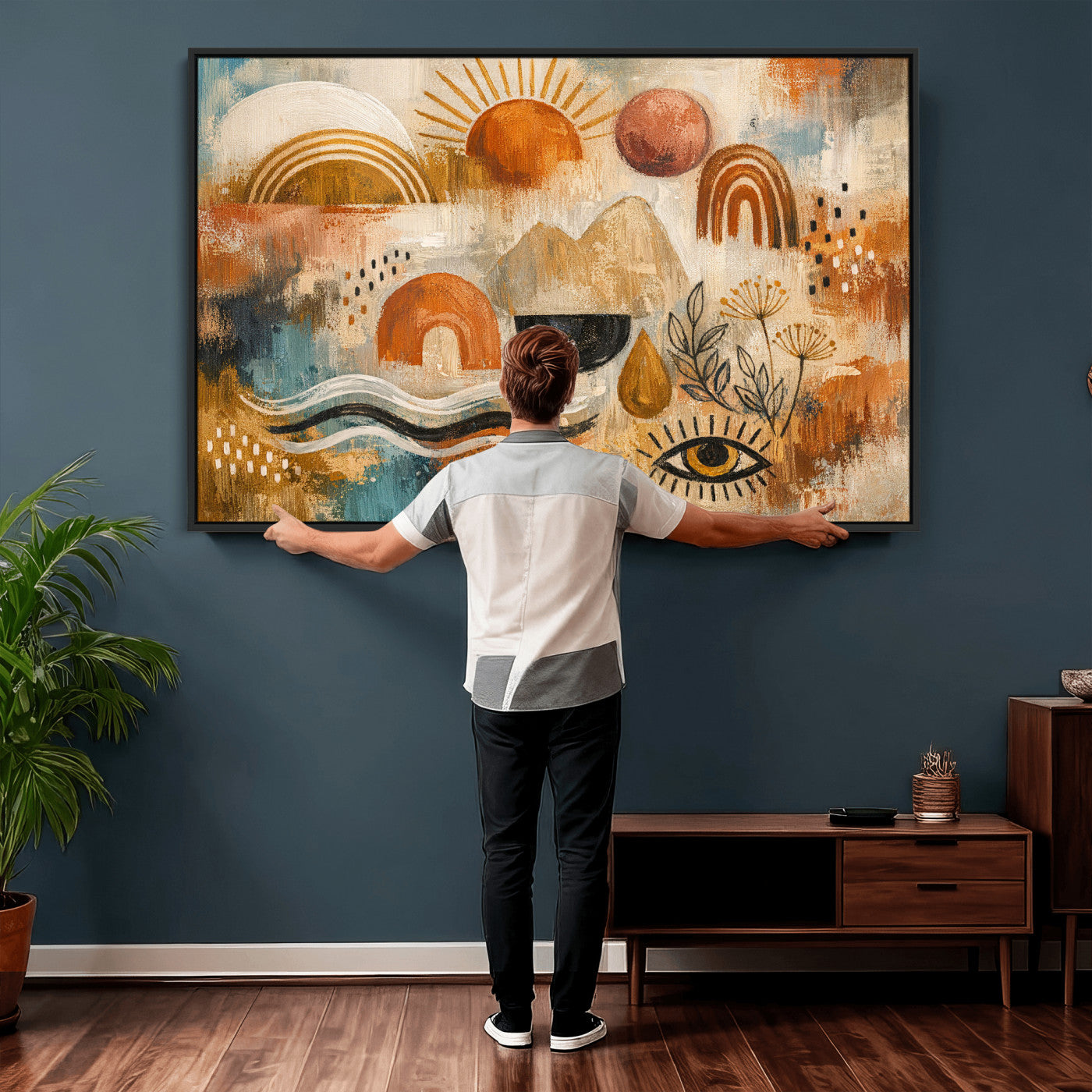 52155239-MGV-CV-36X24 - Geometric Boho Abstract Wall Art Canvas Print, Orange Blue Abstract Expressionist Painting Print, Modern Geometric Abstract Canvas Art