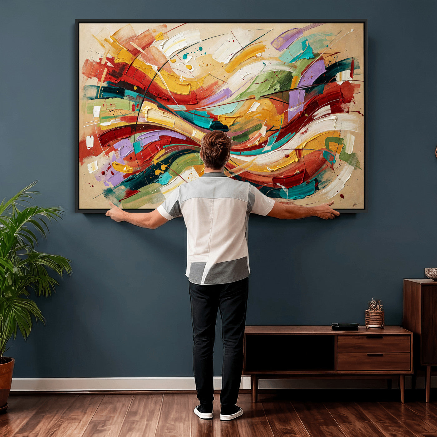 39887645-MGV-CV-36X24 - Geometric Abstract Wall Art Canvas Print, Orange Blue Abstract Expressionist Painting Print, Modern Geometric Abstract Canvas Art