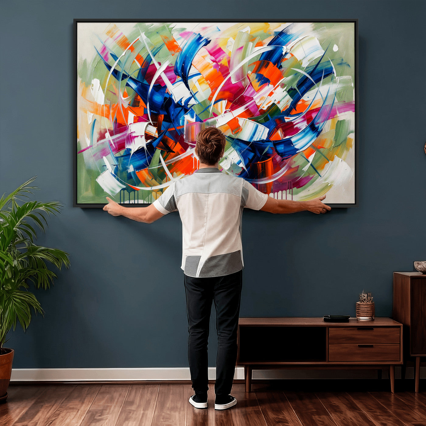 15032888-MGV-CV-36X24 - Geometric Abstract Wall Art Canvas Print, Orange Blue Abstract Expressionist Painting Print, Modern Geometric Abstract Canvas Art