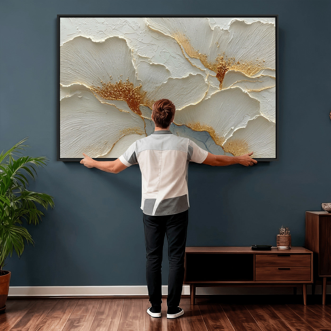 4712069F1-MGV-CV-36X24 - White Gold Floral Canvas Wall Art — Textured Flower Print | Luxury Botanical Decor | Elegant Bedroom Art | Gold Leaf Wall Art Gift
