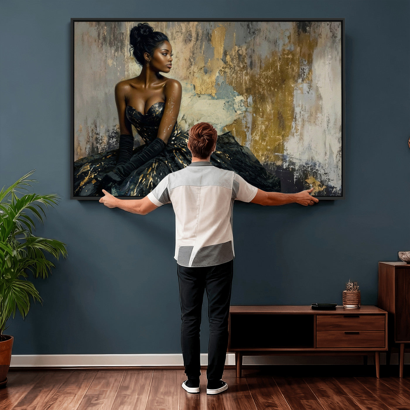 4712069Z1-MGV-CV-36X24 - Elegant Woman Canvas Wall Art — Black Gold Gown Fashion Print | Luxury Glam Wall Decor | African American Art | Bold Bedroom Wall Art Gift