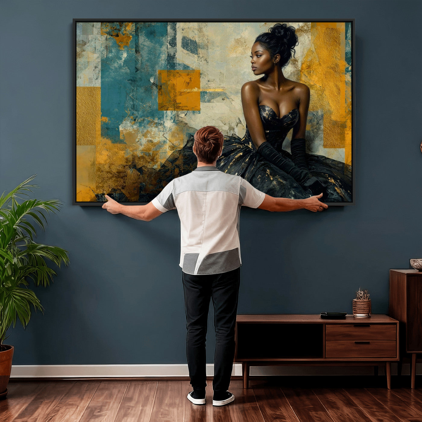 4712069Z21-MGV-CV-36X24 - Elegant Woman Canvas Wall Art — Black Gold Gown Fashion Print | Luxury Glam Wall Decor | African American Art | Bold Bedroom Wall Art Gift