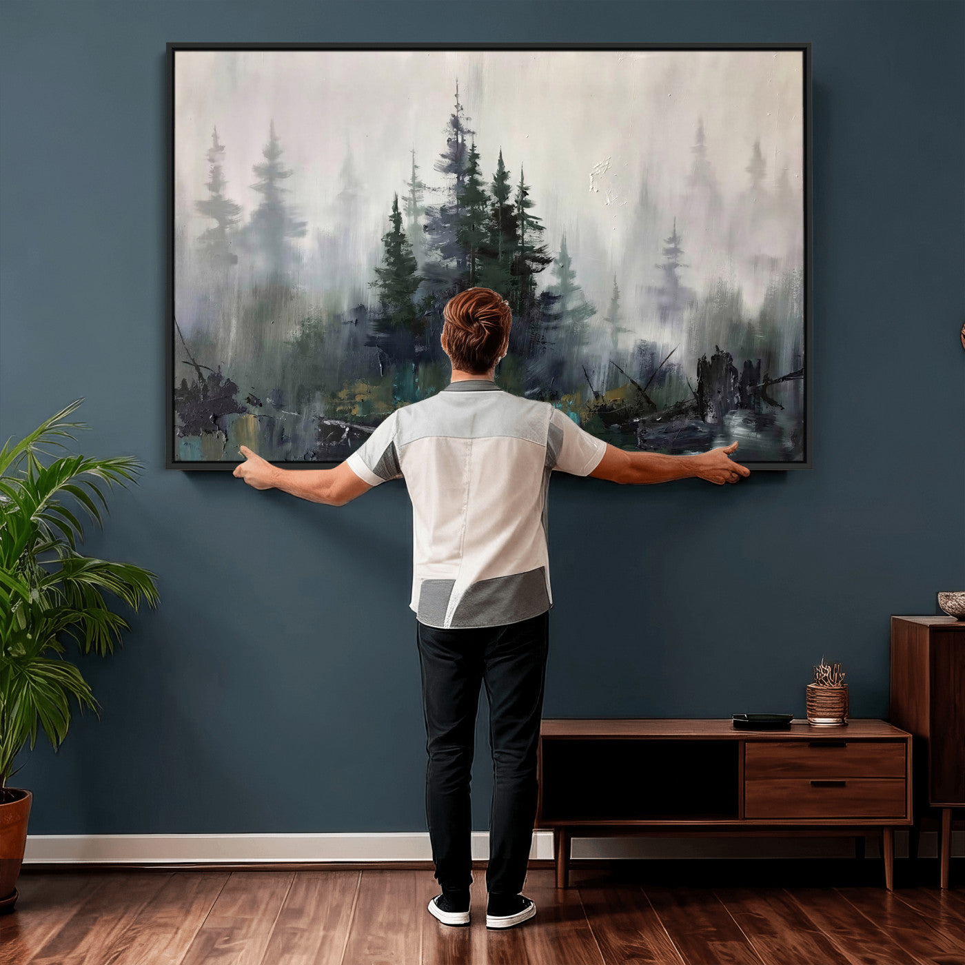 94143325-MGV-CV-36X24 - Misty Pine Forest Oil Painting Canvas — Dark Moody Teal Grey Tree Print | Japandi Scandinavian Wall Art | Minimalist Nature Decor Gift