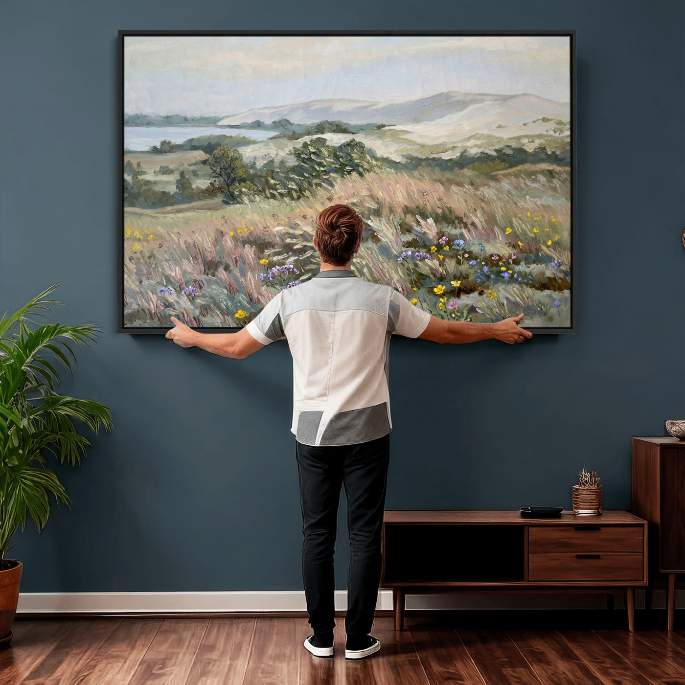 18013232-MGV-CV-36X24 - Katie Staples Hillside Canvas Wall Art — Coastal Wildflower Dune Oil Painting Print | Muted Green Nature Decor | Plein Air Landscape Gift