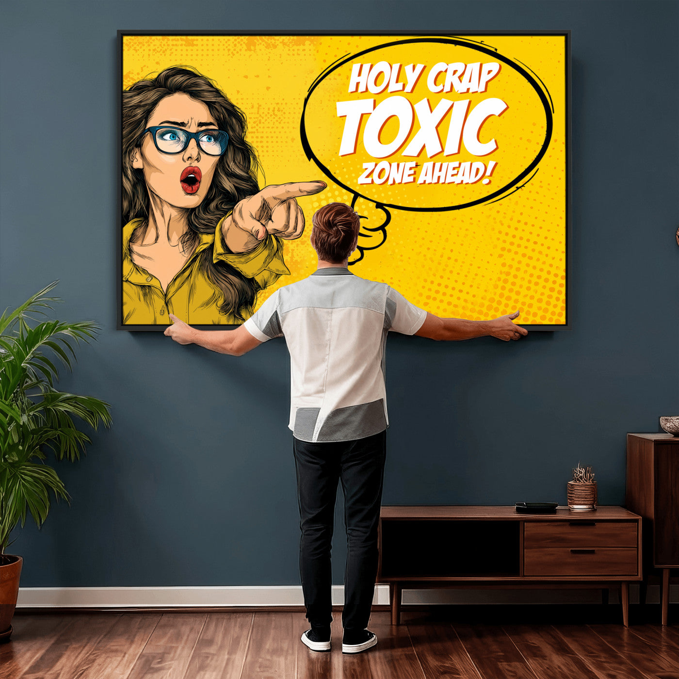 79751885-MGV-CV-36X24 - Pop Art Print Bathroom Sign Wall Art Canvas Print — Funny Bathroom Canvas | Comic Style Toilet Wall Decor | Humor Gift | Yellow Bold Bathroom Art