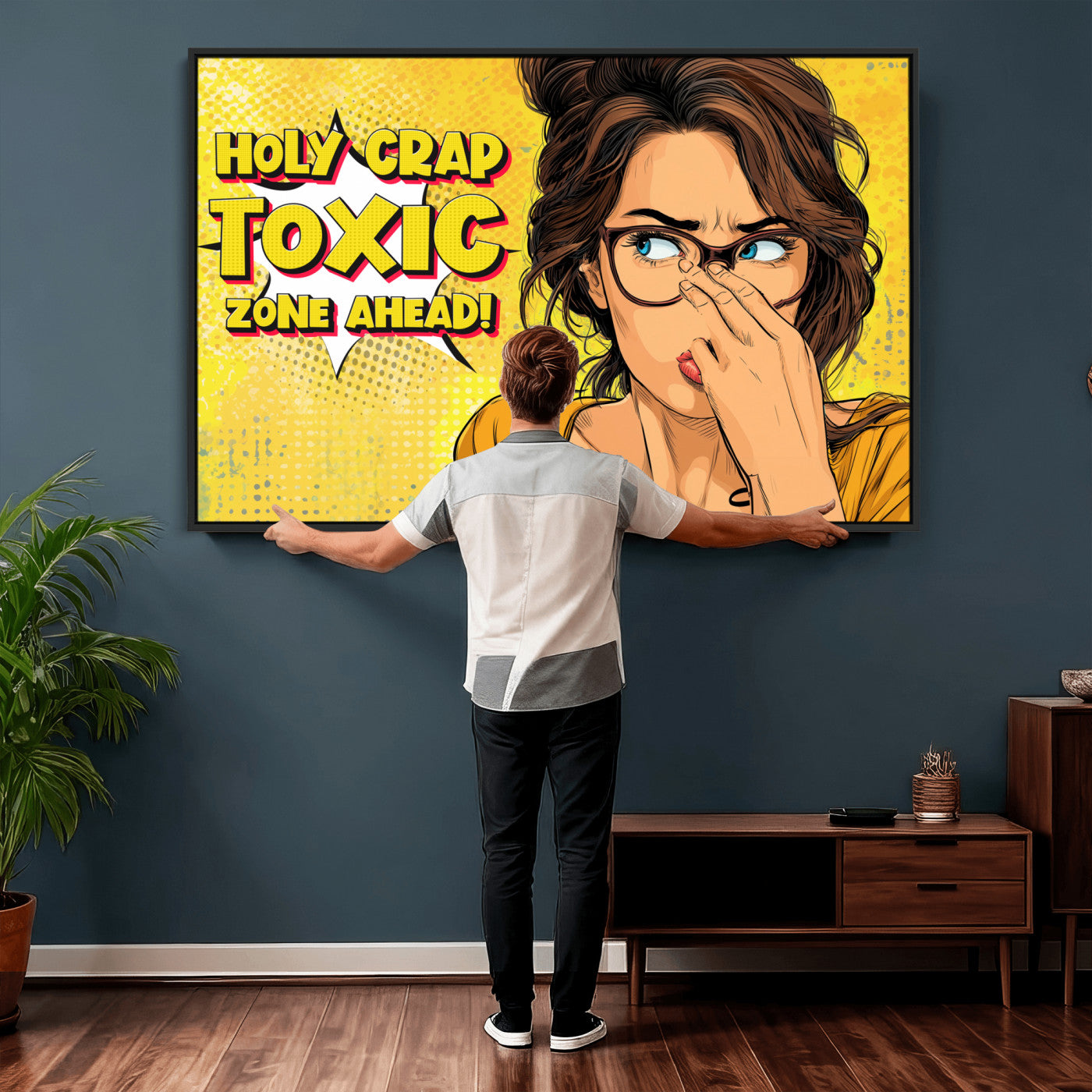 96263876-MGV-CV-36X24 - Pop Art Print Bathroom Sign Wall Art Canvas Print — Funny Bathroom Canvas | Comic Style Toilet Wall Decor | Humor Gift | Yellow Bold Bathroom Art