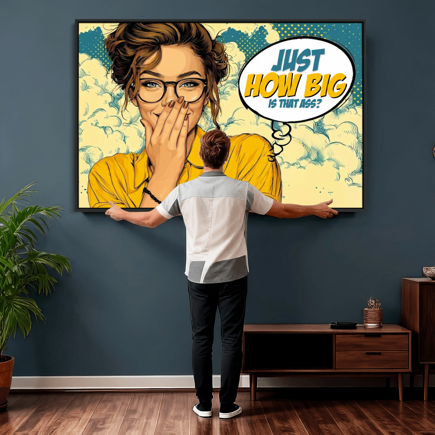 T79156505-MGV-CV-36X24 - Pop Art Print Bathroom Sign Wall Art Canvas Print — Funny Bathroom Canvas | Comic Style Toilet Wall Decor | Humor Gift | How Big Ass
