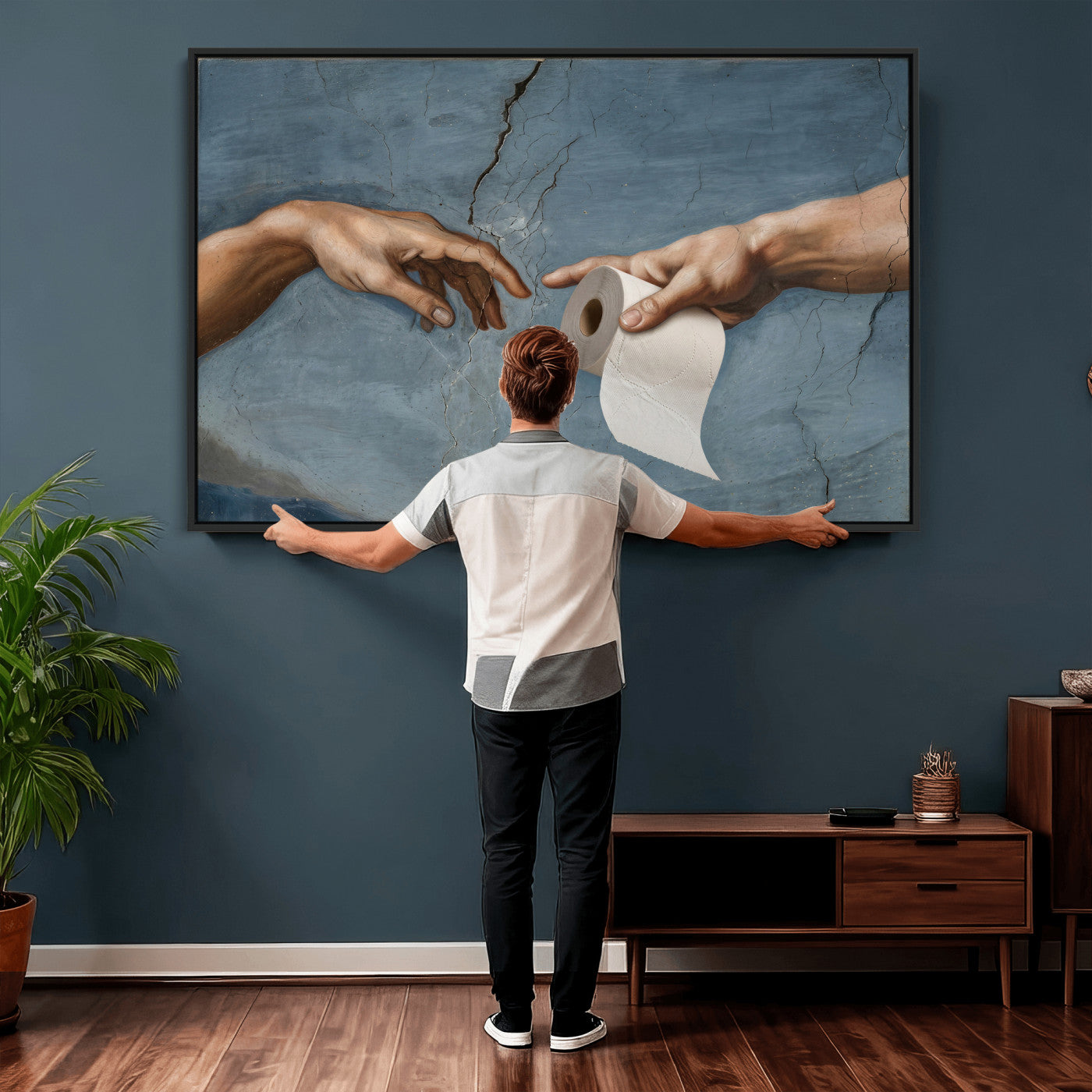 42648143-MGV-CV-36X24 - Funny Bathroom Canvas Wall Art, Michelangelo Creation of Adam Toilet Paper Parody, Renaissance Humor Print, Quirky Housewarming Gift, Toilet Room Decor