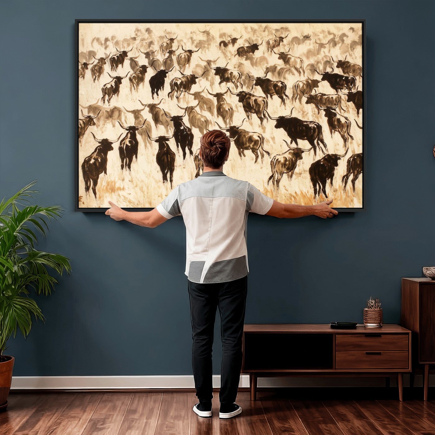 39077774-MGV-CV-36X24 - Texas Longhorn Sepia Canvas Wall Art, Western Cattle Stampede Painting Print, Warm Amber Ranch Decor, Rustic Cowboy Home Art, Large Living Room Decor