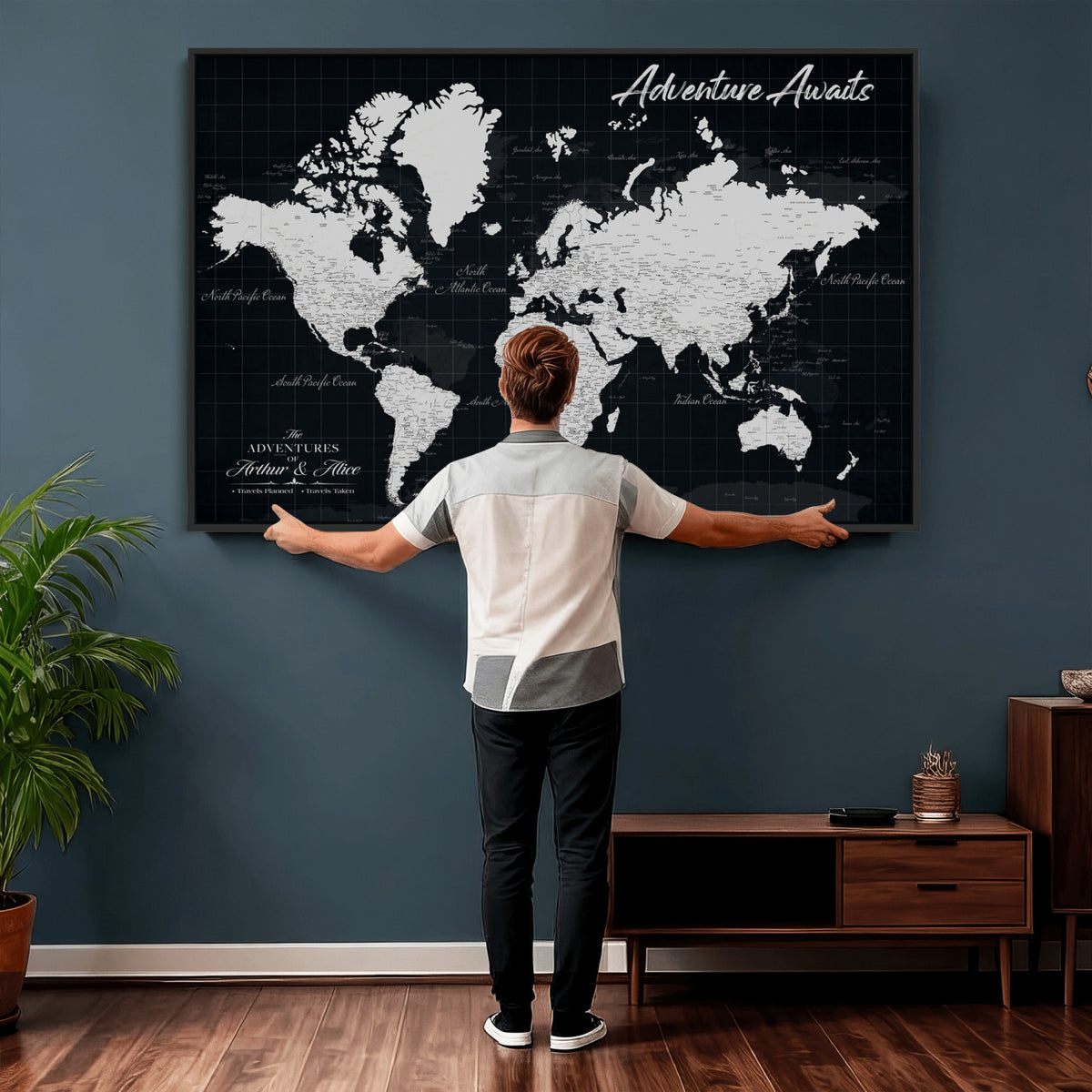 19855445B-MGV-CV-36X24 - Personalized Black Push Pin Travel Map Canvas Print, Couples Countries Visited Map, Entryway and Hallway Decor